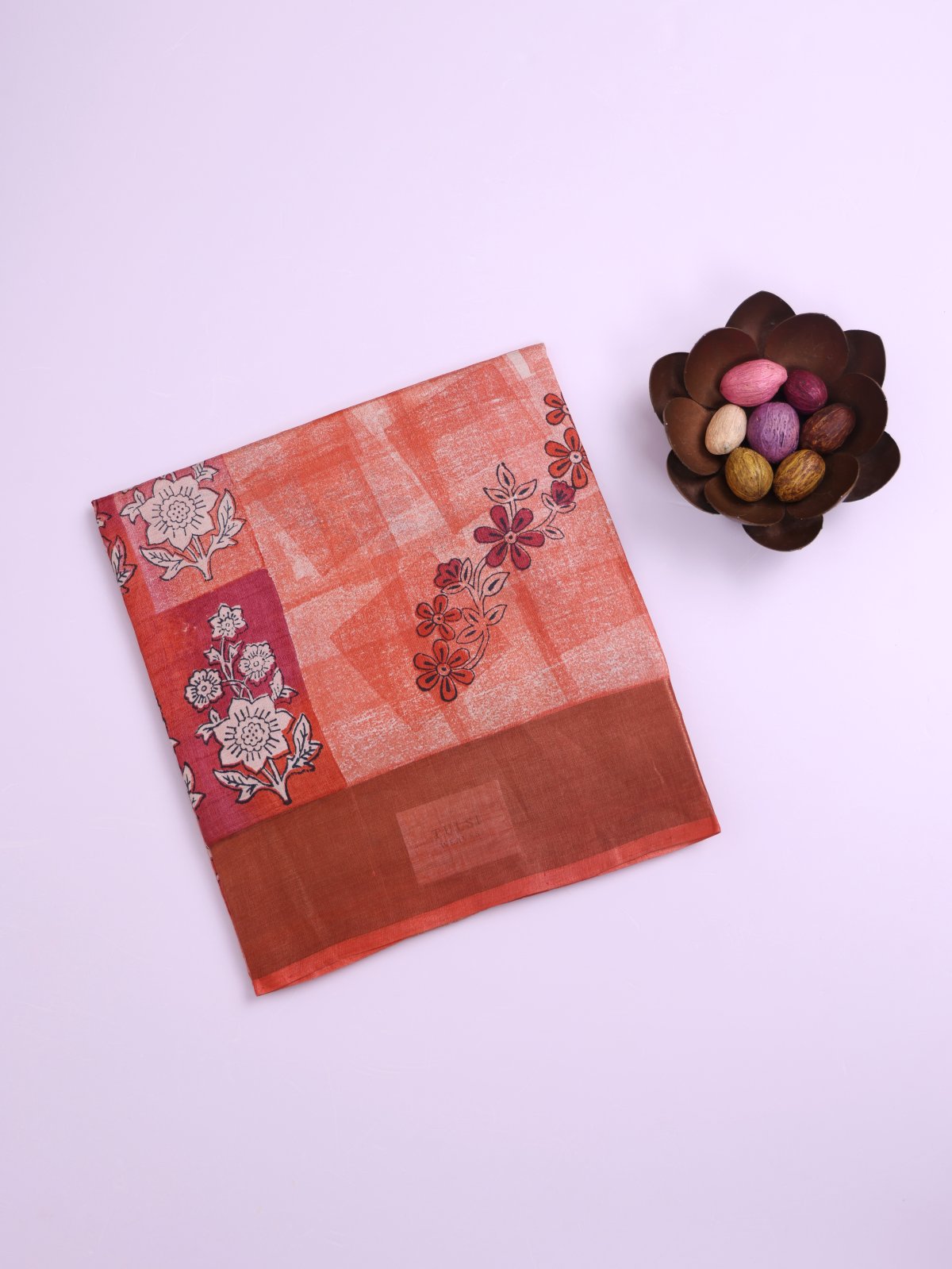 Bright Orange Printed Tussar Silk Saree with Self Zari Border