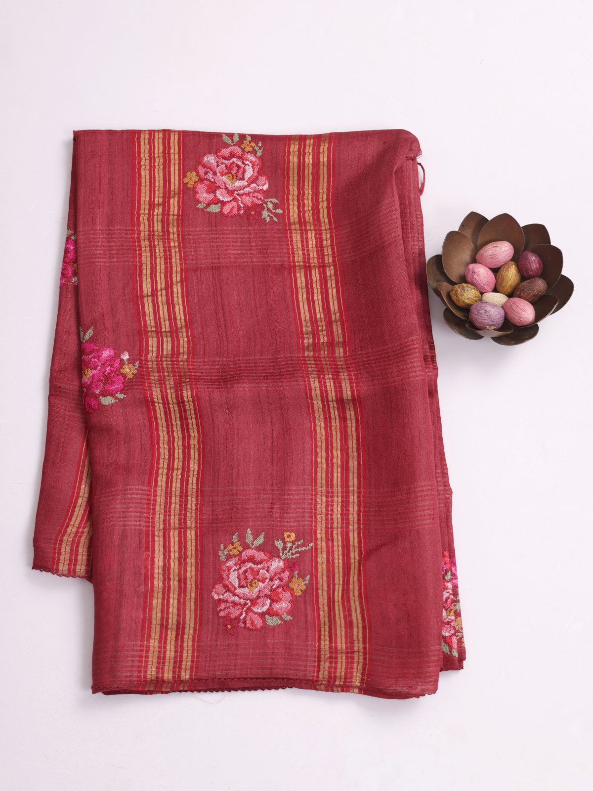 Araku Zari Striped Tussar Silk Saree With Cross-Stitch Embroidery