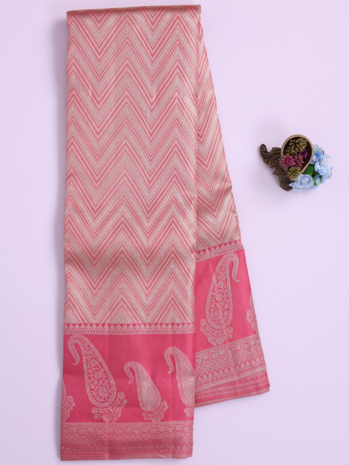 Light Peach Tissue Brocade Kanjeevaram Silk Saree With Peachish Pink Border