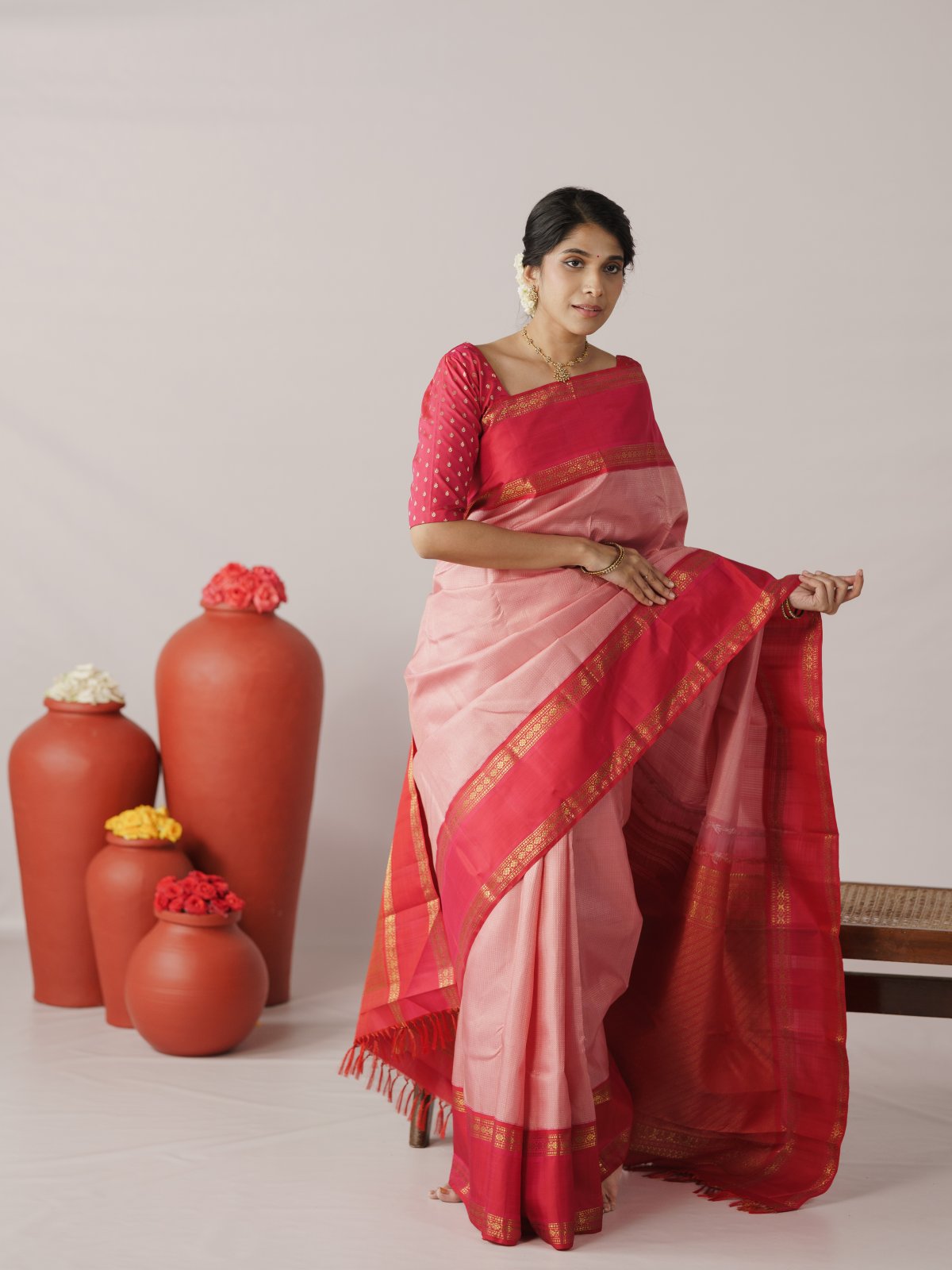 Light Pink Checked Kanjeevaram Silk Saree With Pinkish Red Border