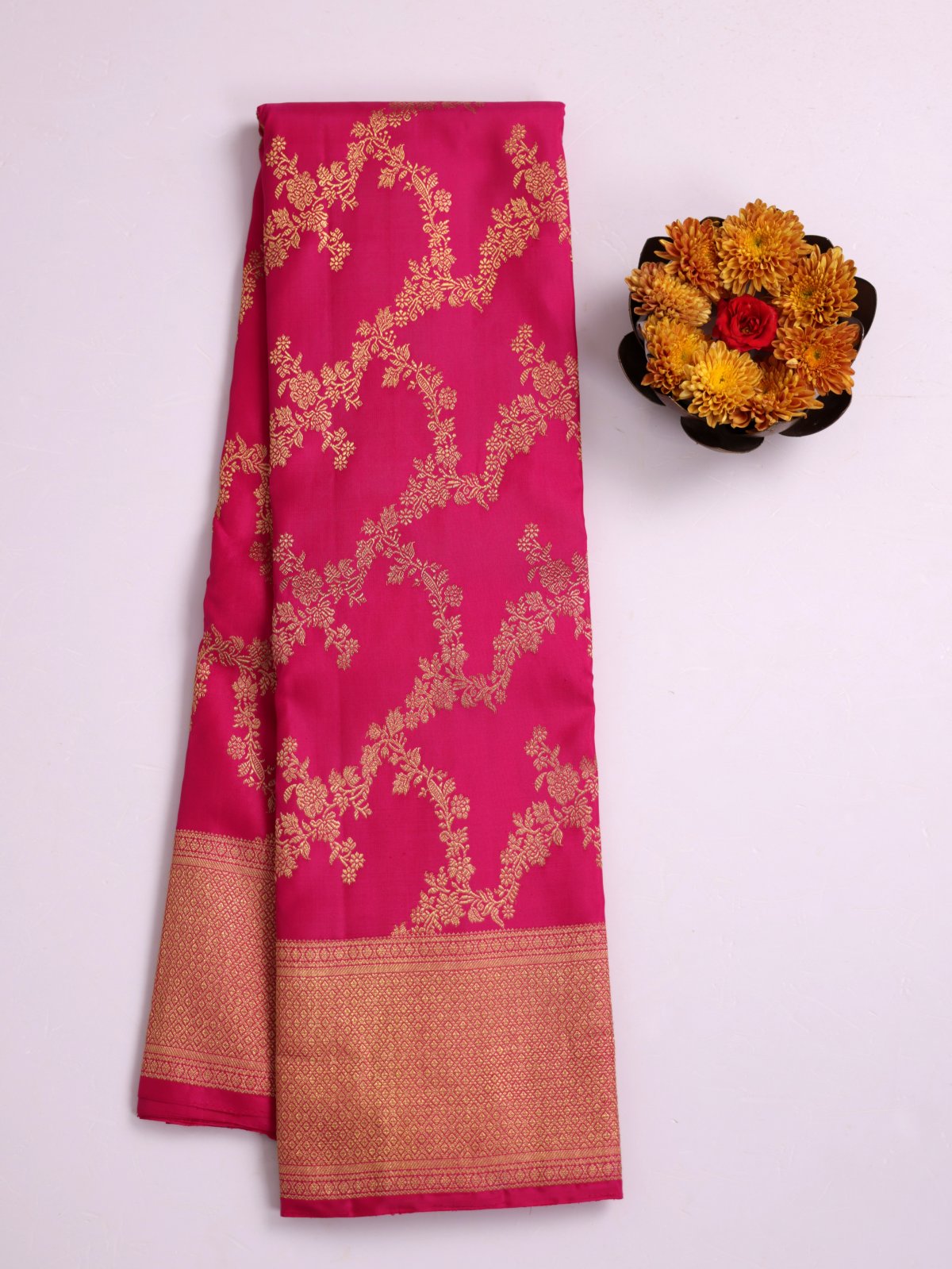 Rani Pink Zari Brocade Kanjeevaram Silk Saree With Zari Border