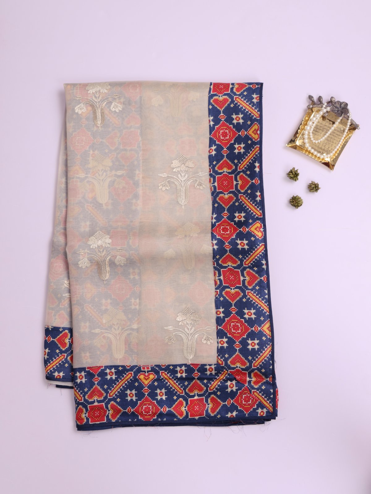 Off-White Organza Silk Saree with Blue Printed Border
