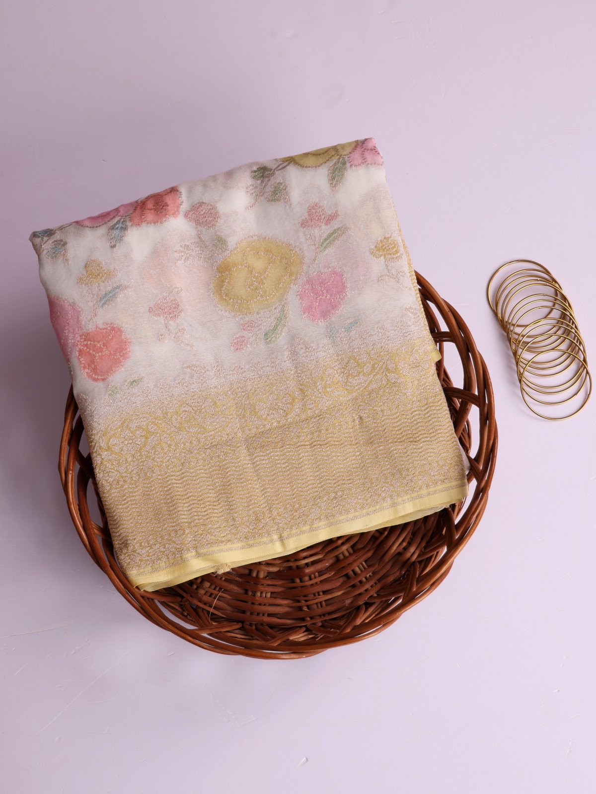 White Printed Banaras Georgette Silk Saree With Pastel Yellow Border