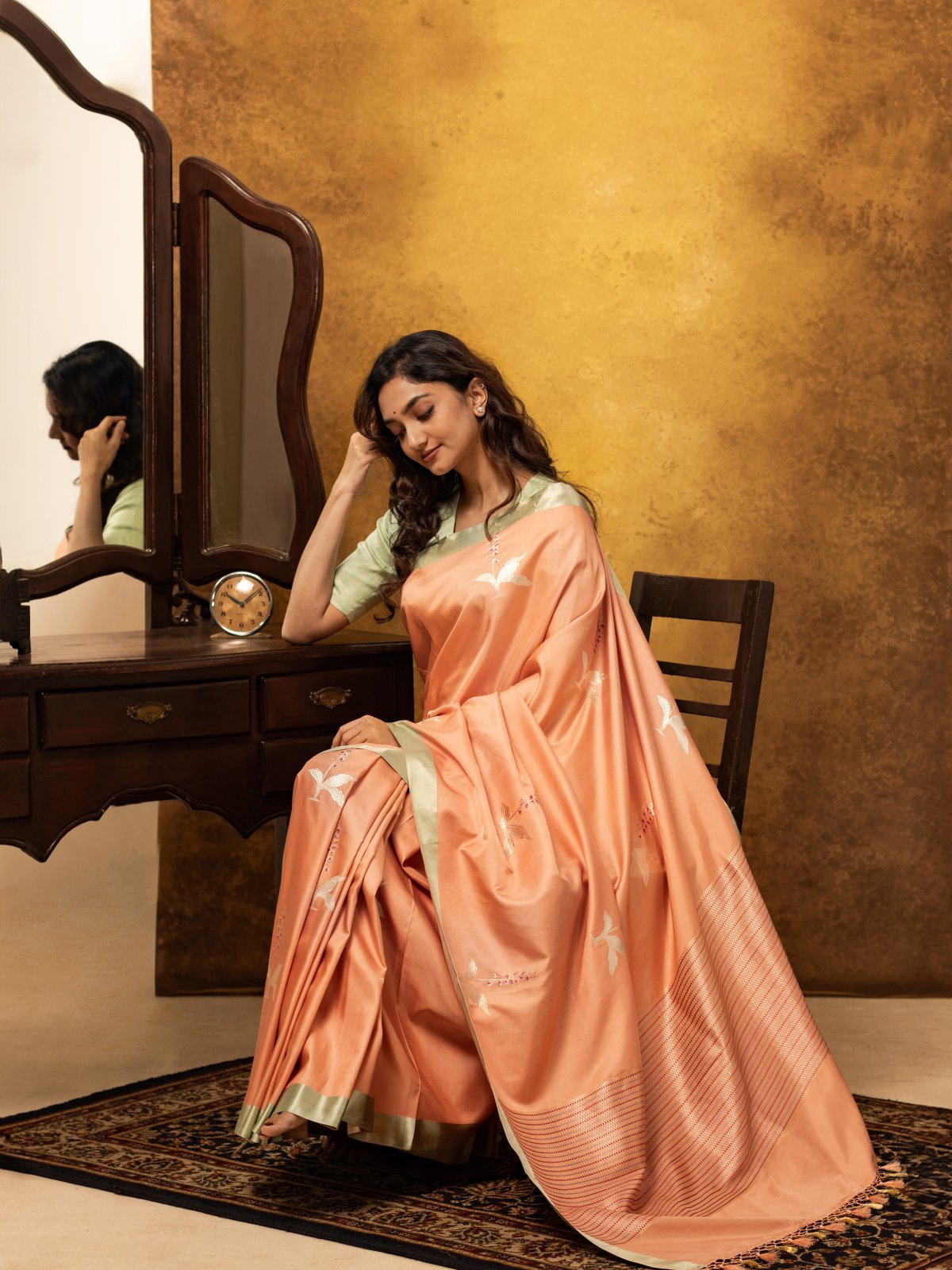 Peach Mashru Silk saree with Satin border