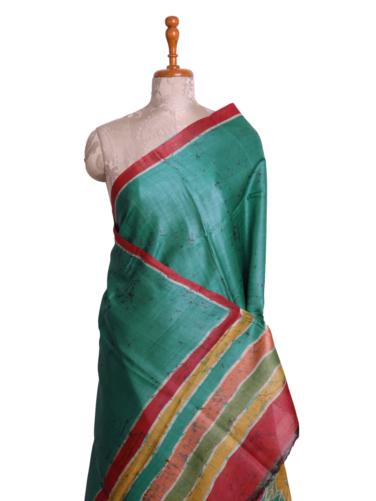 Teal Green Batik Printed Tussar Silk Saree with Red Border