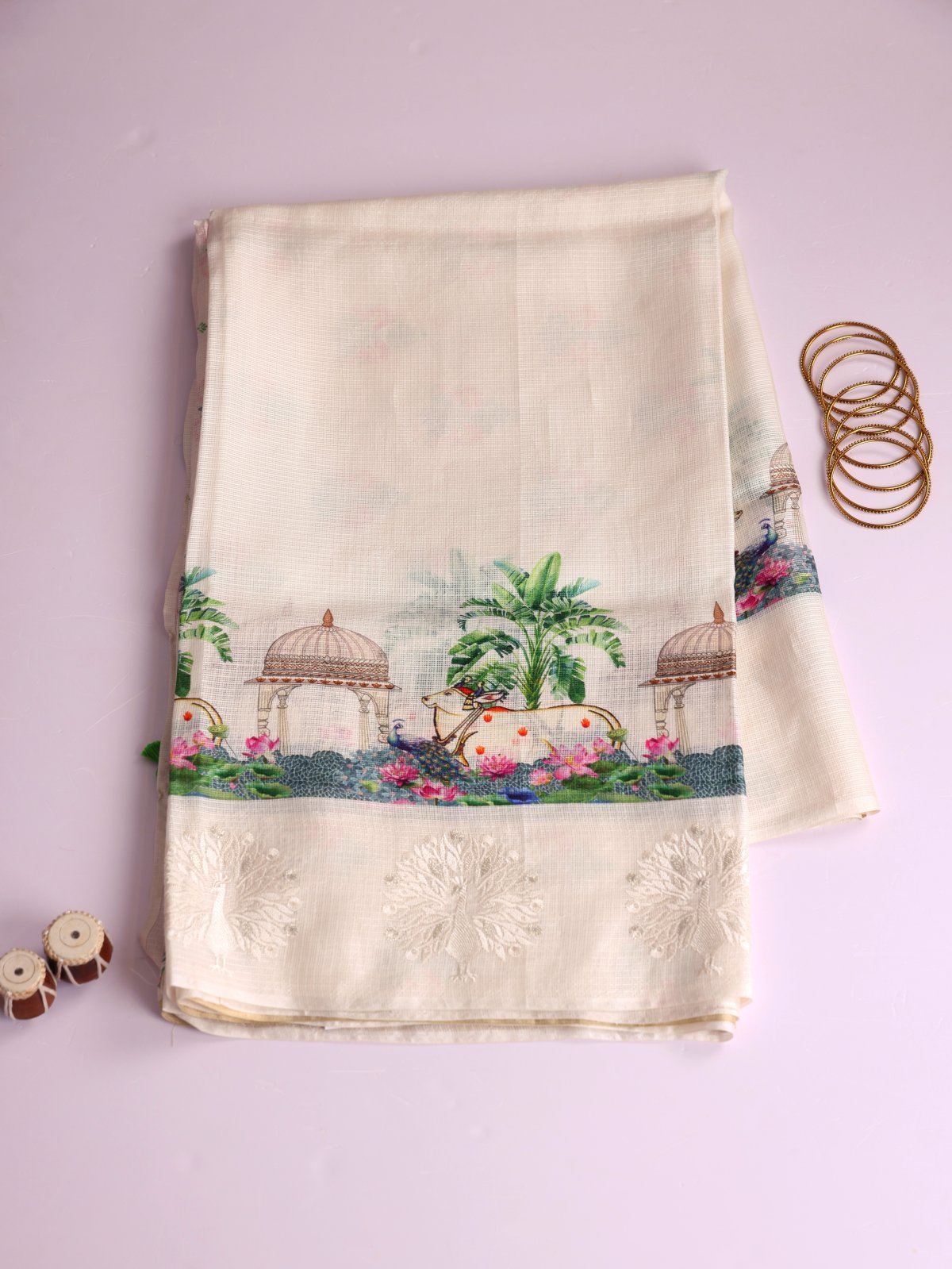 Off- White Printed Kota Silk Saree With Embroidered Border