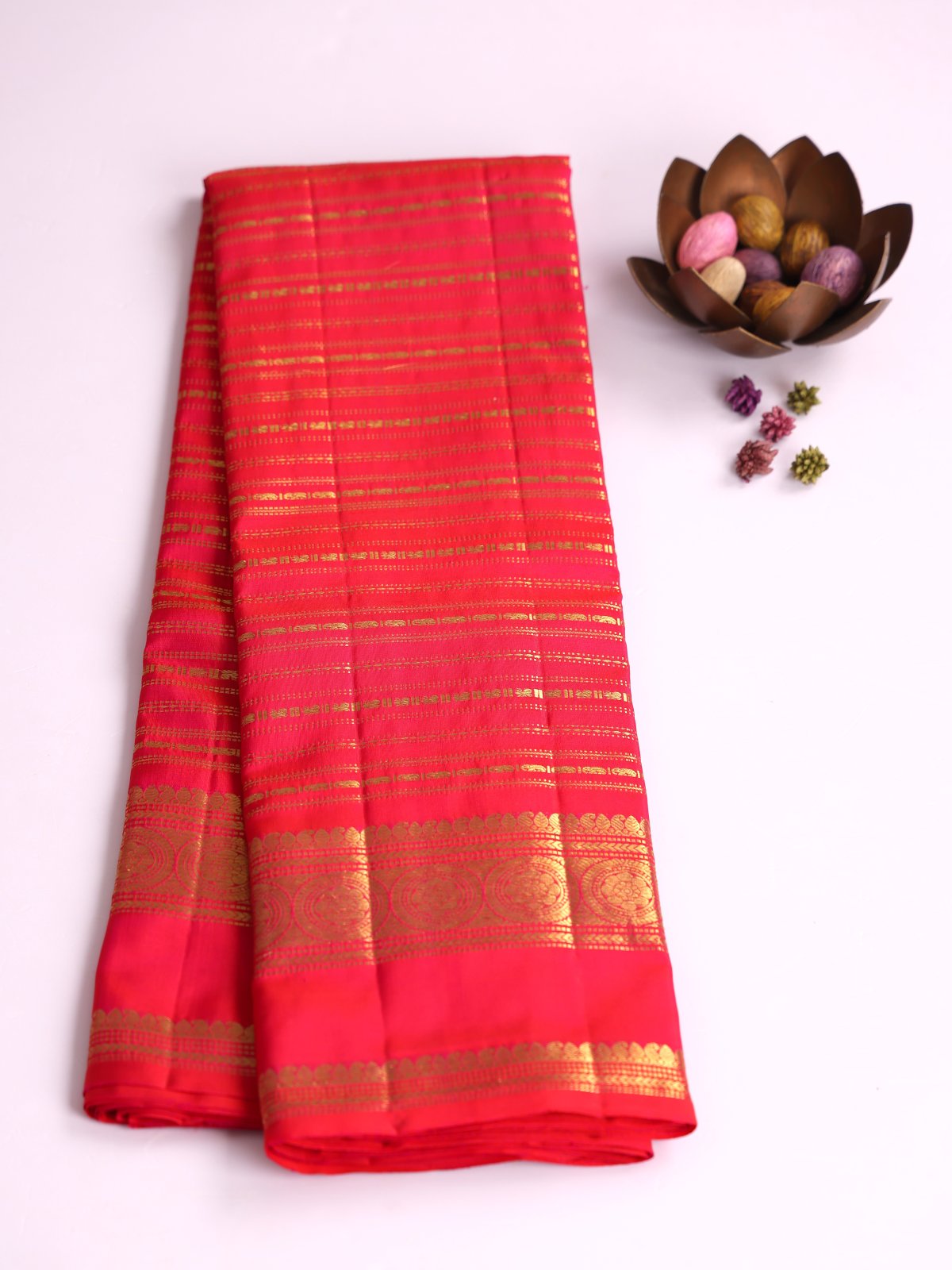 Reddish Pink Zari Striped Kanjeevaram Silk Saree With Zari Border