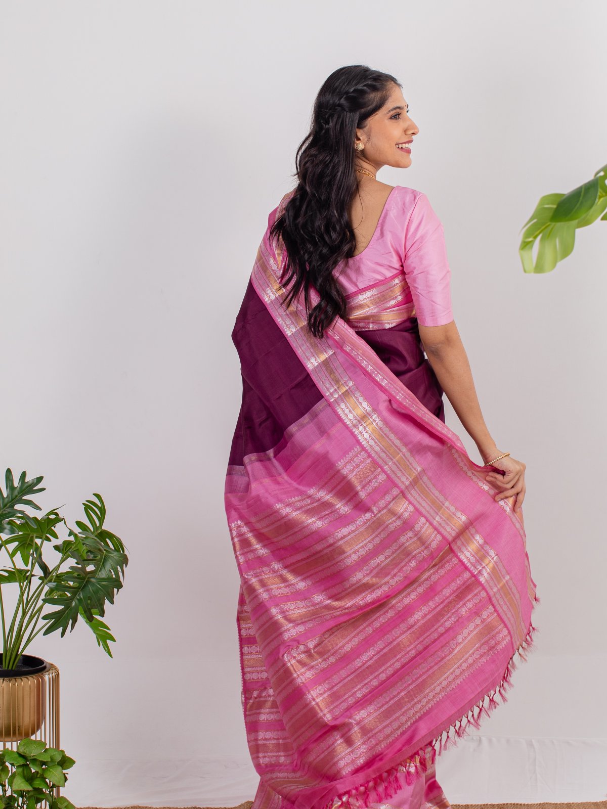 Brown Kanjeevaram Silk Saree with Light Pink Border and Brocade Blouse ...