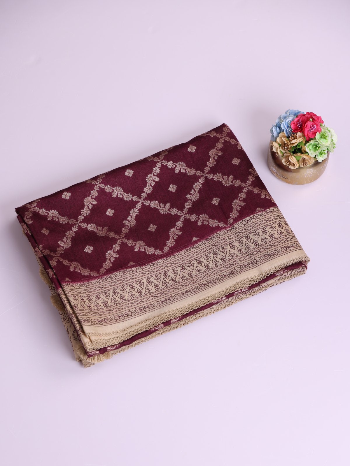Burgundy Munga Tussar Silk Saree With Beige Embroidery Border