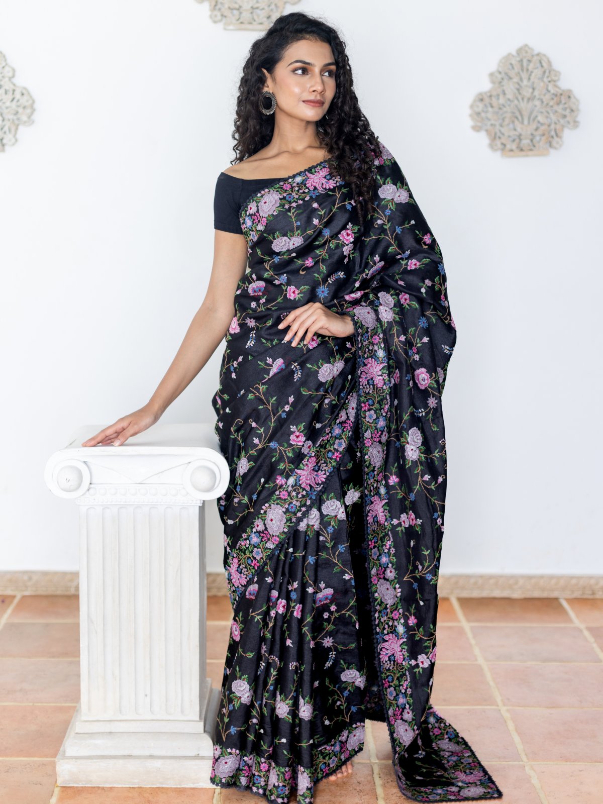 Black Tussar Silk Saree with Floral Embroidery Border