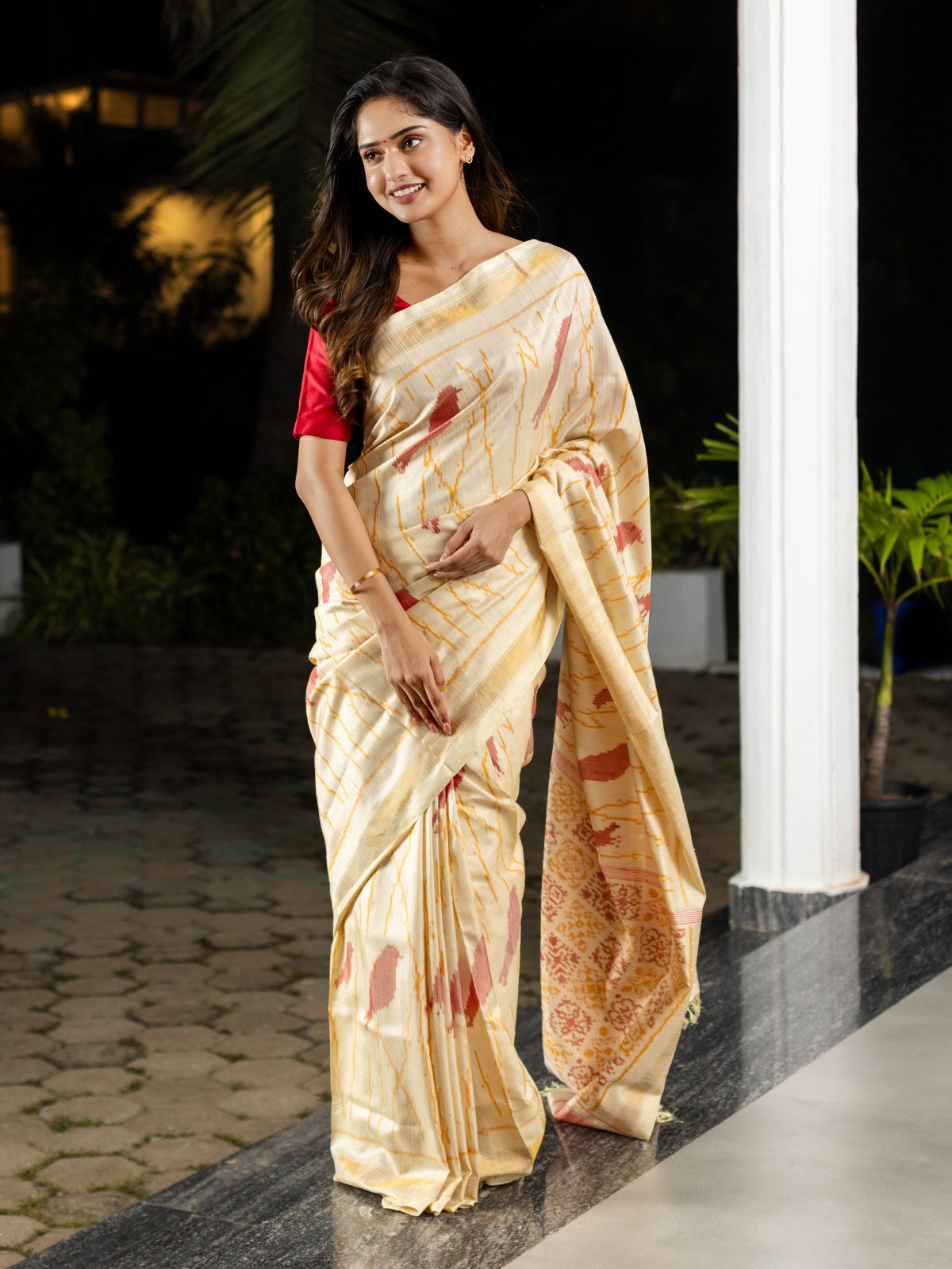 Beige Ikat Silk Saree  