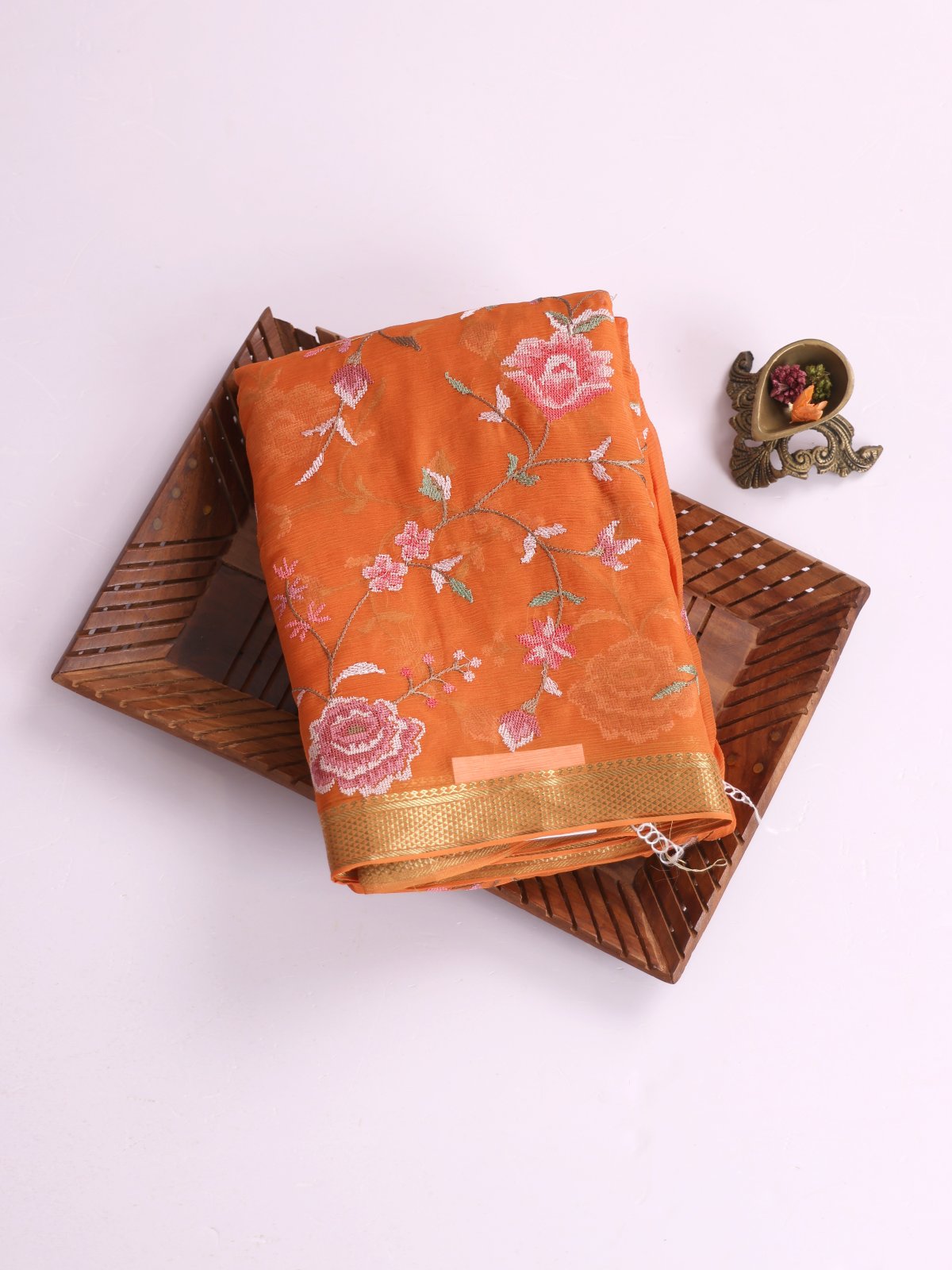 Orange Embroidered Chiffon Saree 