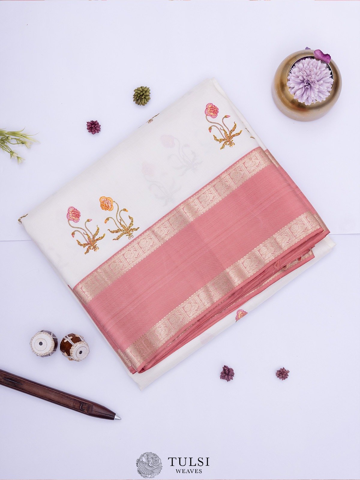 Off-White Kanjeevaram Silk Saree with Block Print