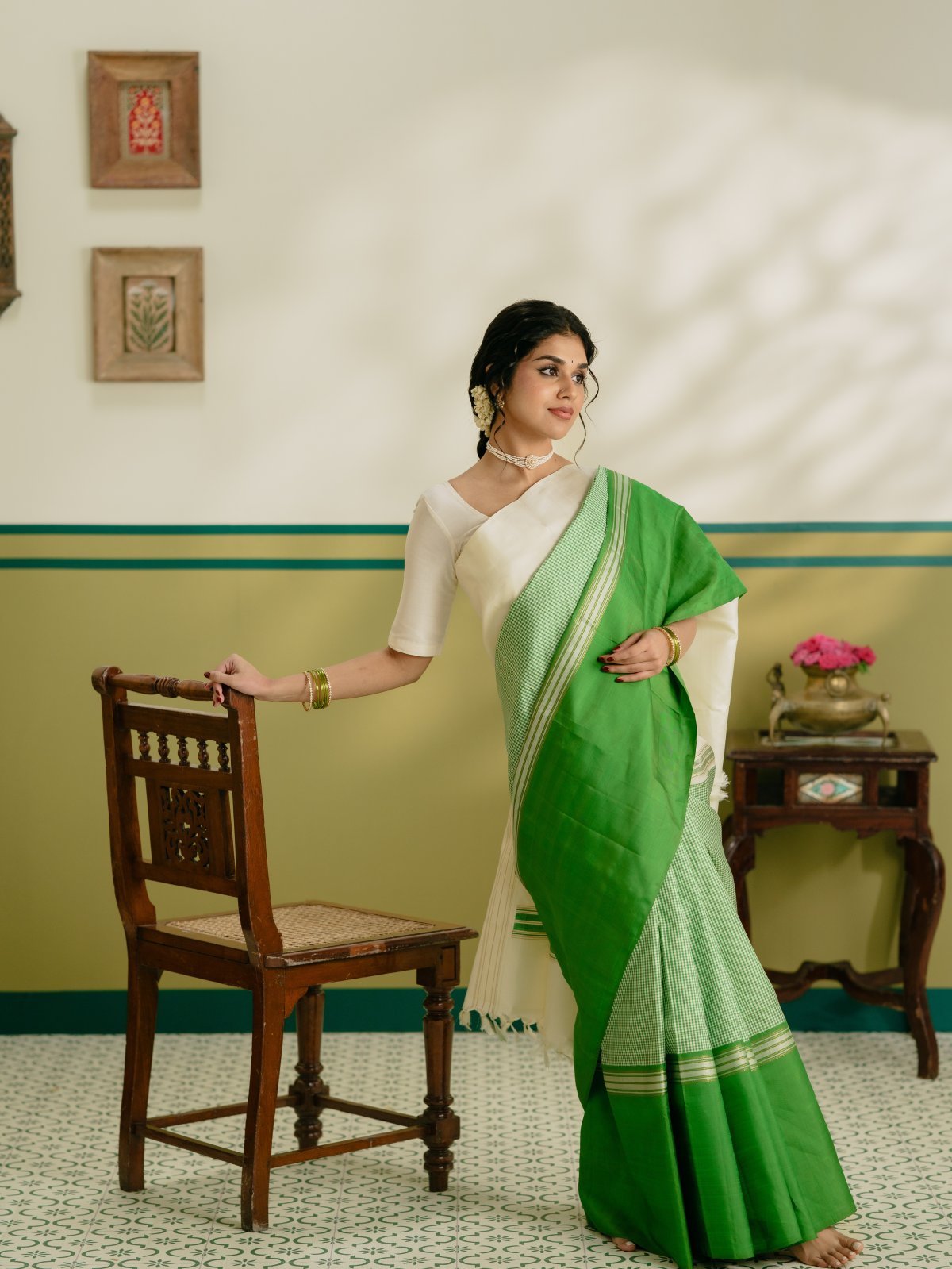 Vintage 31 - Off White And Green Checked Kanjeevaram Silk Saree With Ganga Jamuna Border
