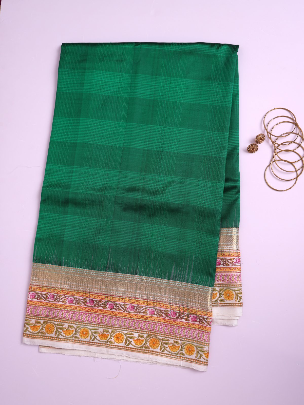 Bottle Green Block Printed Soft Silk Saree