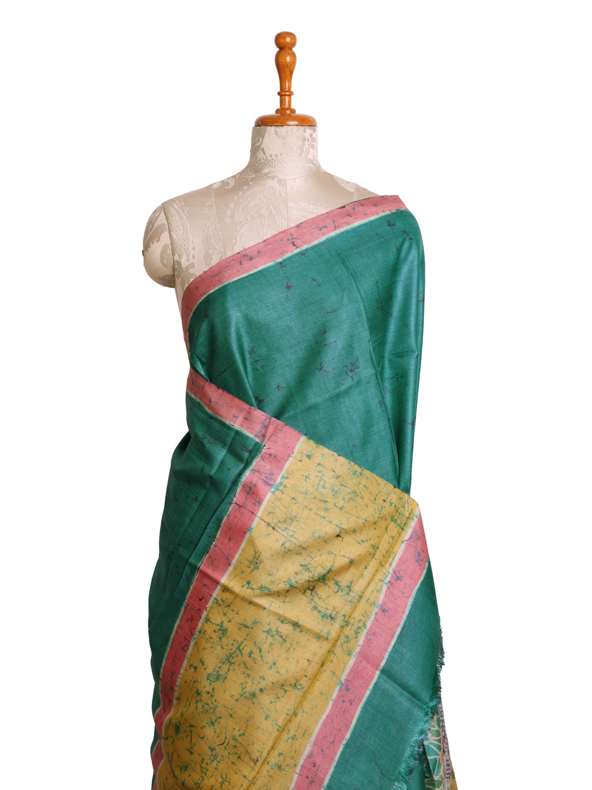 Teal Green Batik Printed Tussar Silk Saree with Pink Border
