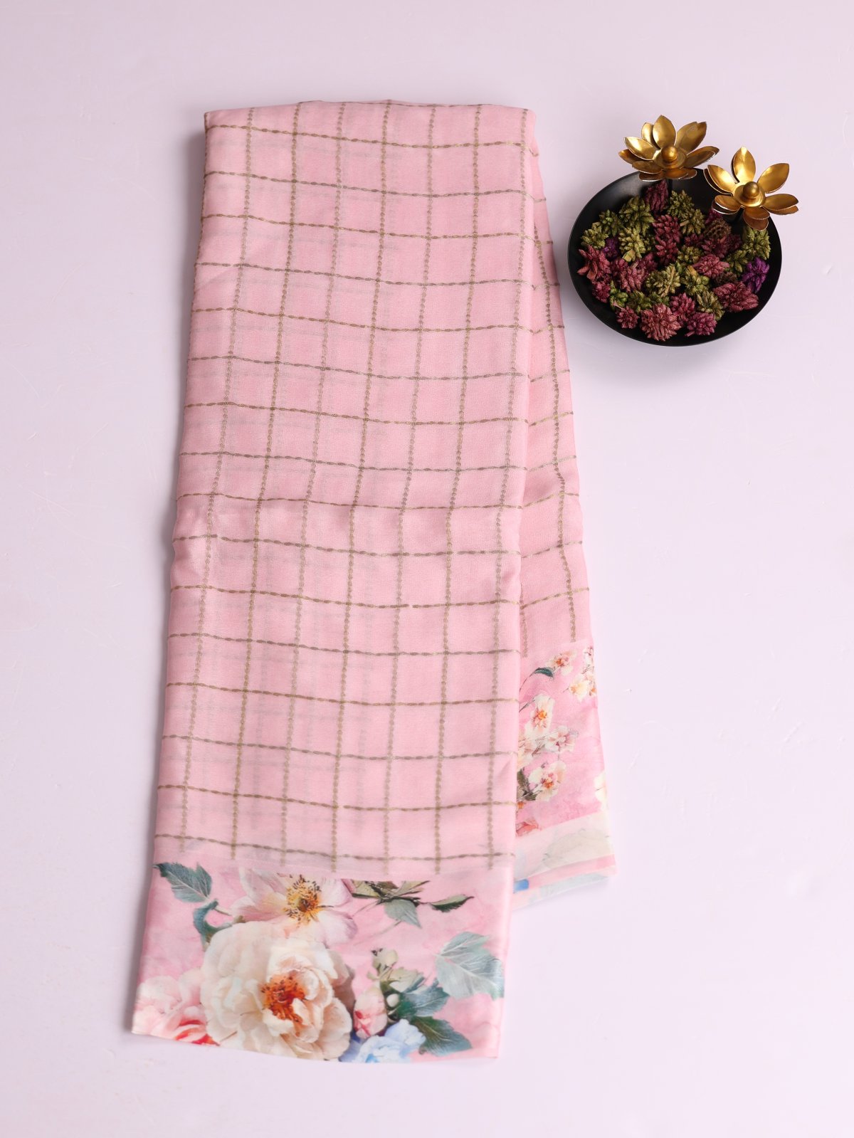Baby Pink Checked Crepe Silk Saree with Printed Satin Border