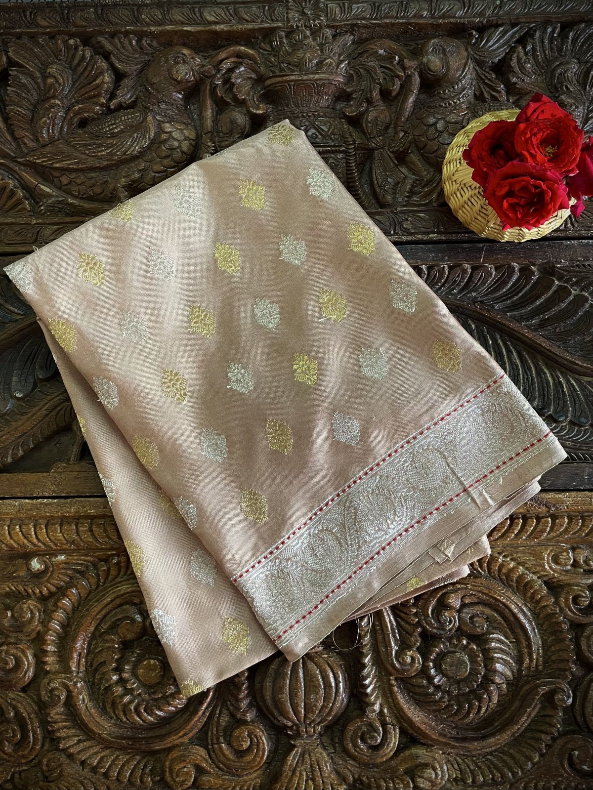 Beige Banaras Silk Blouse With Gold and Silver Zari Floral Butties