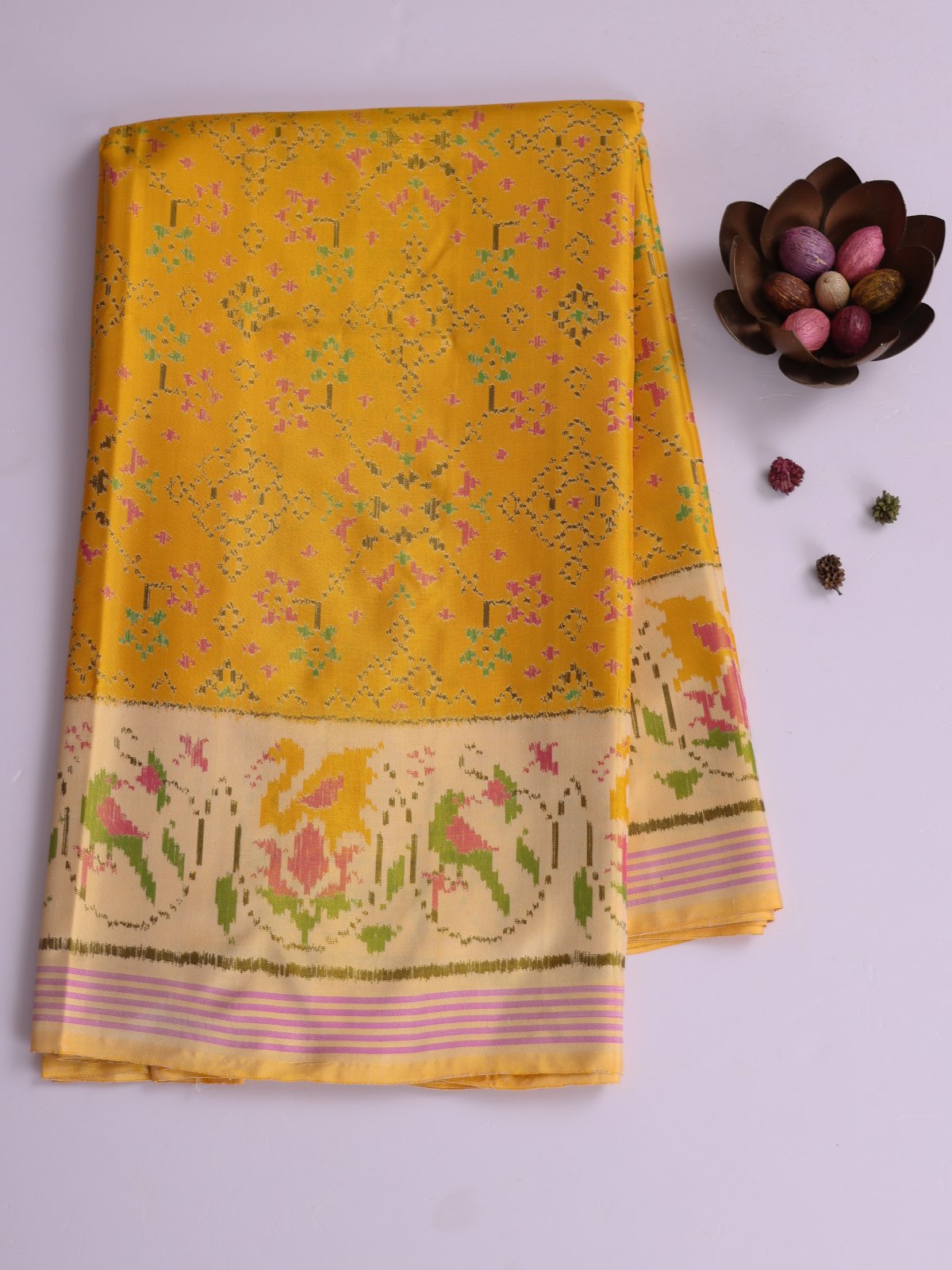 Yellow Patola Silk Saree With Beige Border