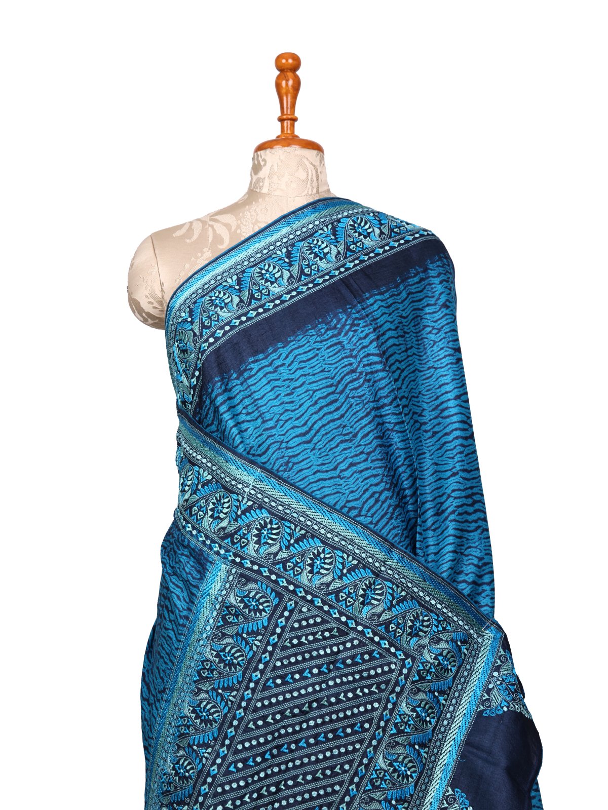 Sky Blue Shibori Tussar Silk Saree With Embroidered Border