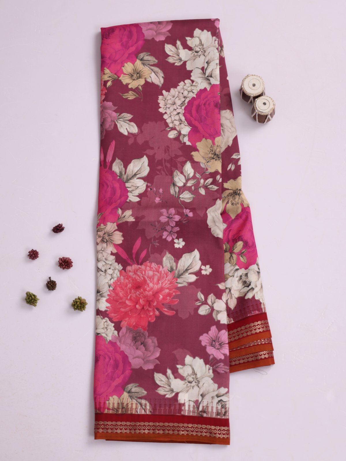Magenta Printed Kanjeevaram Silk Saree With Maroon Border