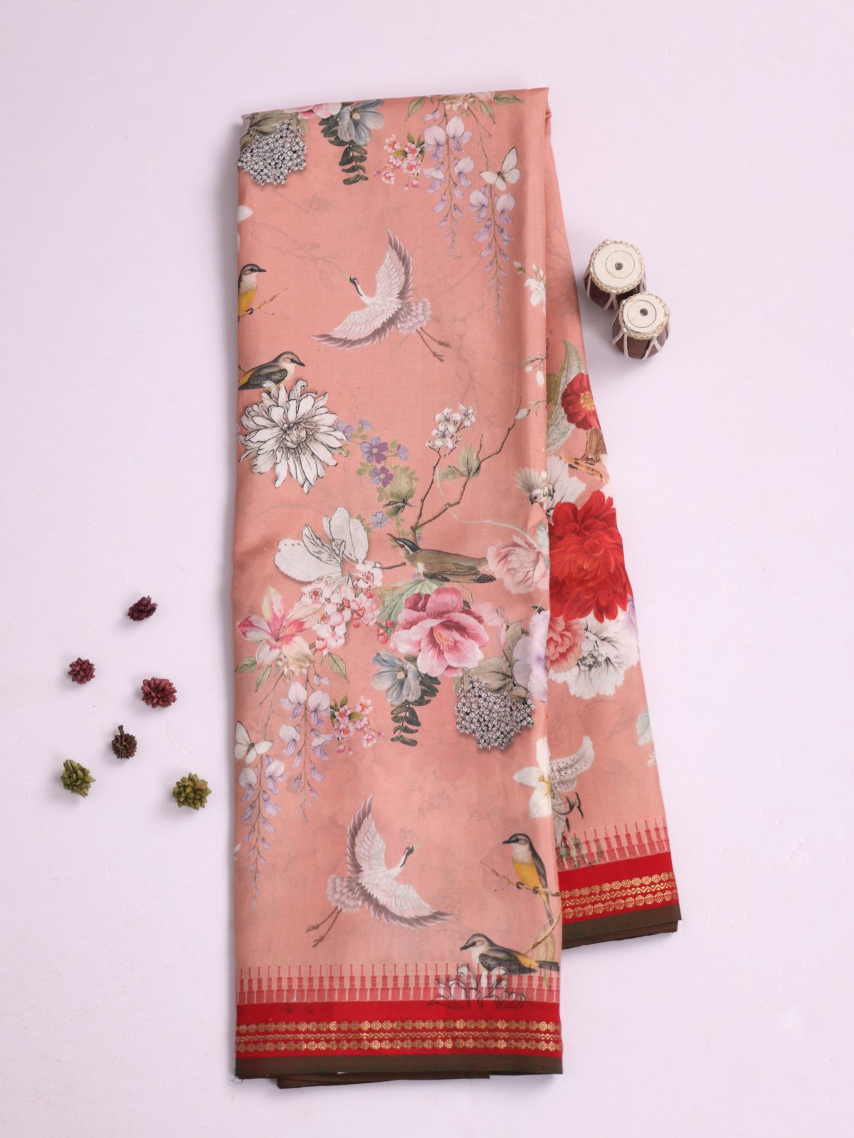 Peach Printed Kanjeevaram Silk Saree With Red Border 