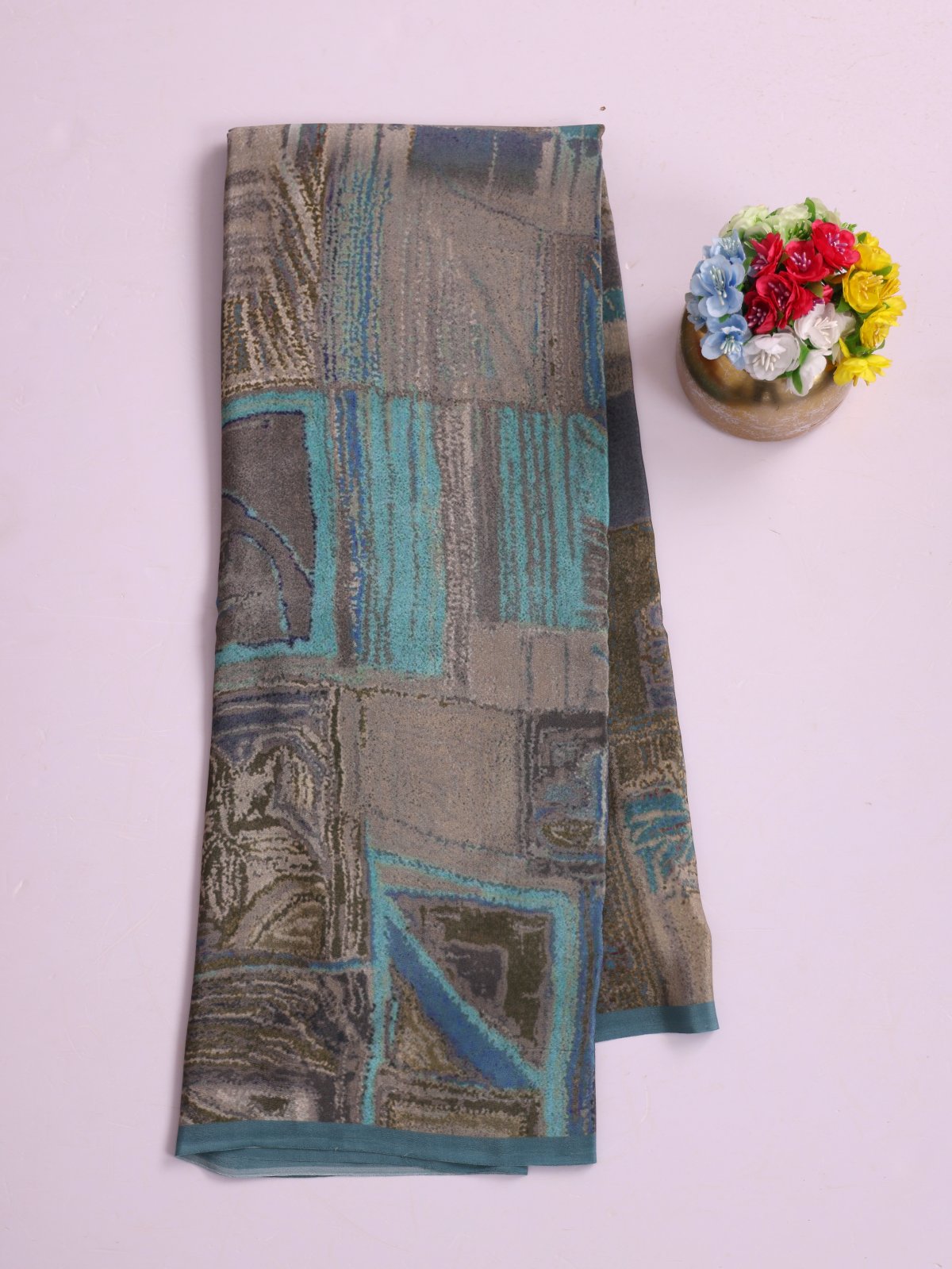 Dusty Blue Printed Crepe Silk Saree