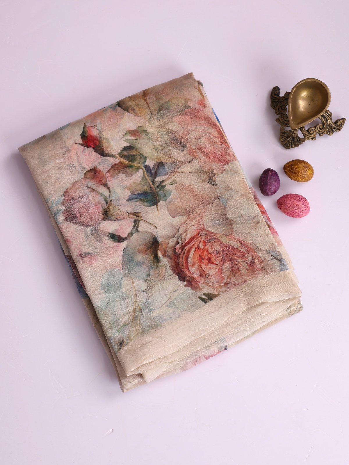 Off- White Printed Organza Silk Saree