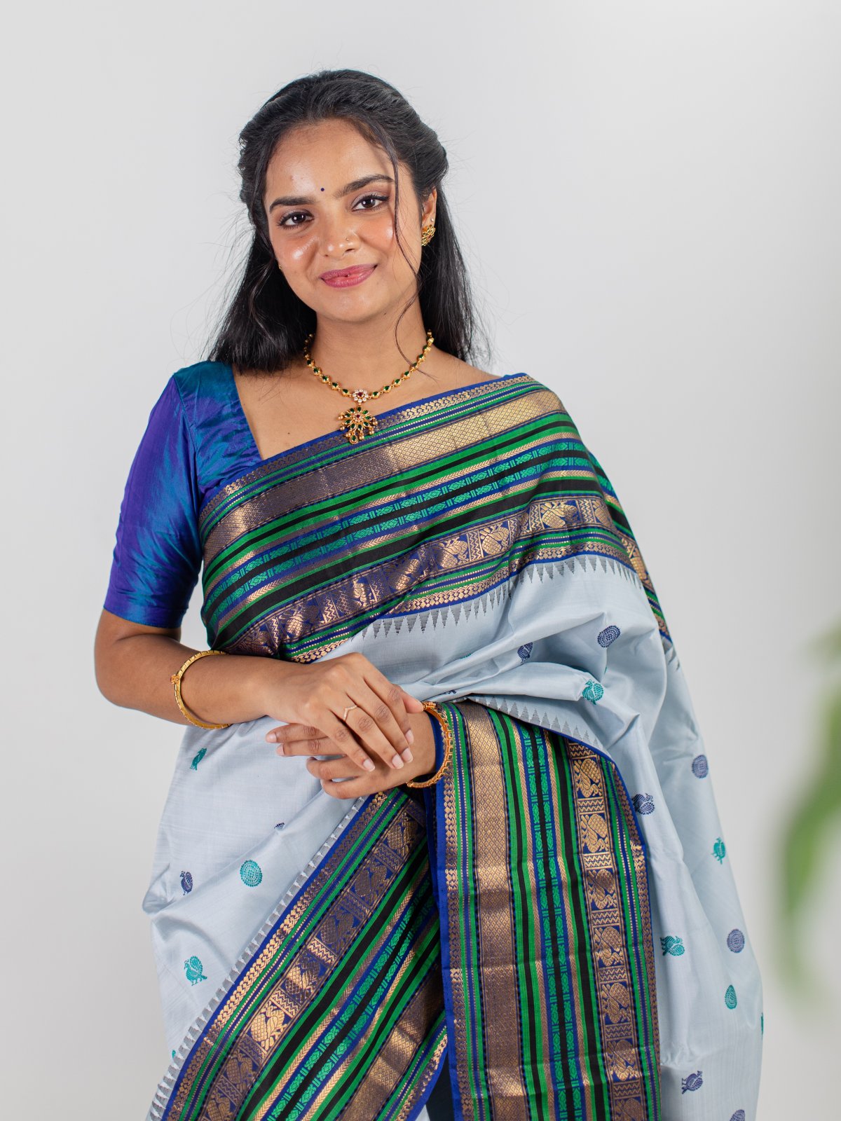 Greyish Blue Kanjeevaram Silk Saree with Royal Blue Border - Tulsi Weaves