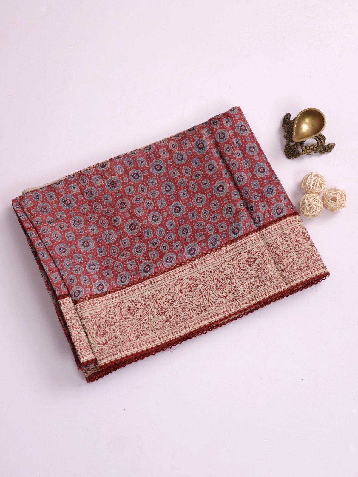 Dusty Red Ajrakh Printed Munga Tussar Silk Saree With Embroidery