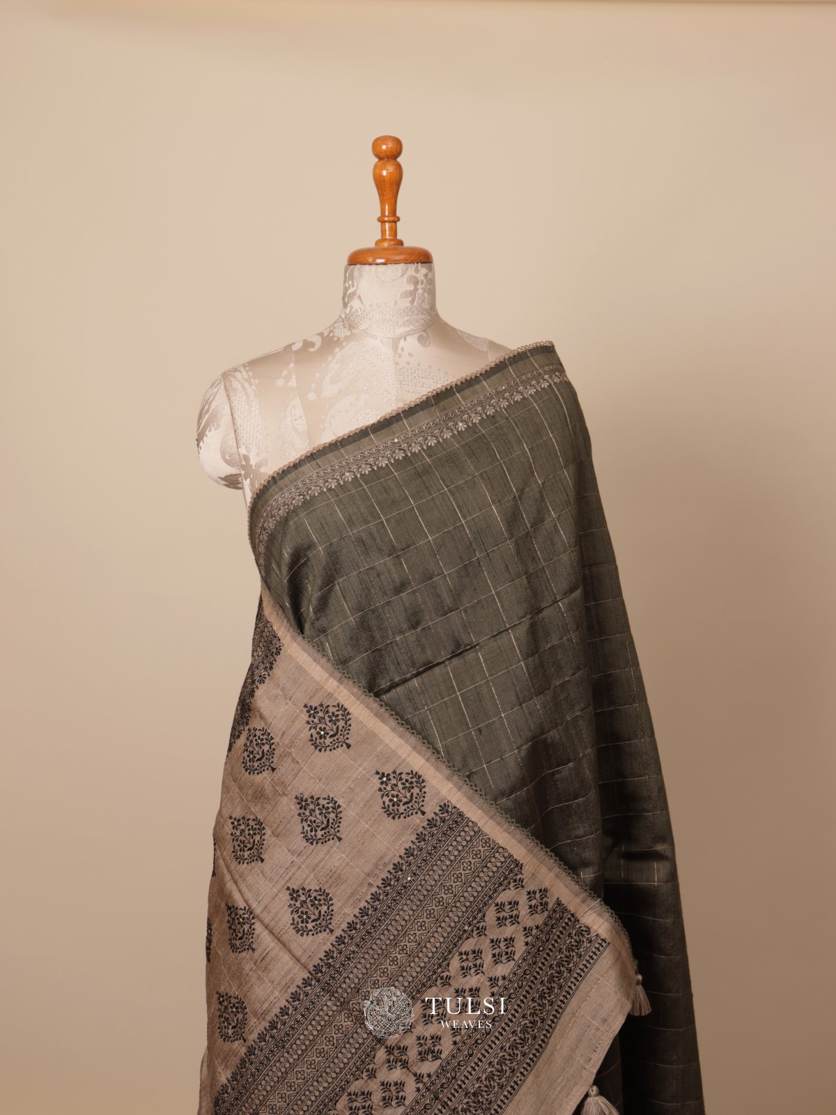 Khaki Green Tussar Embroidary Silk Saree