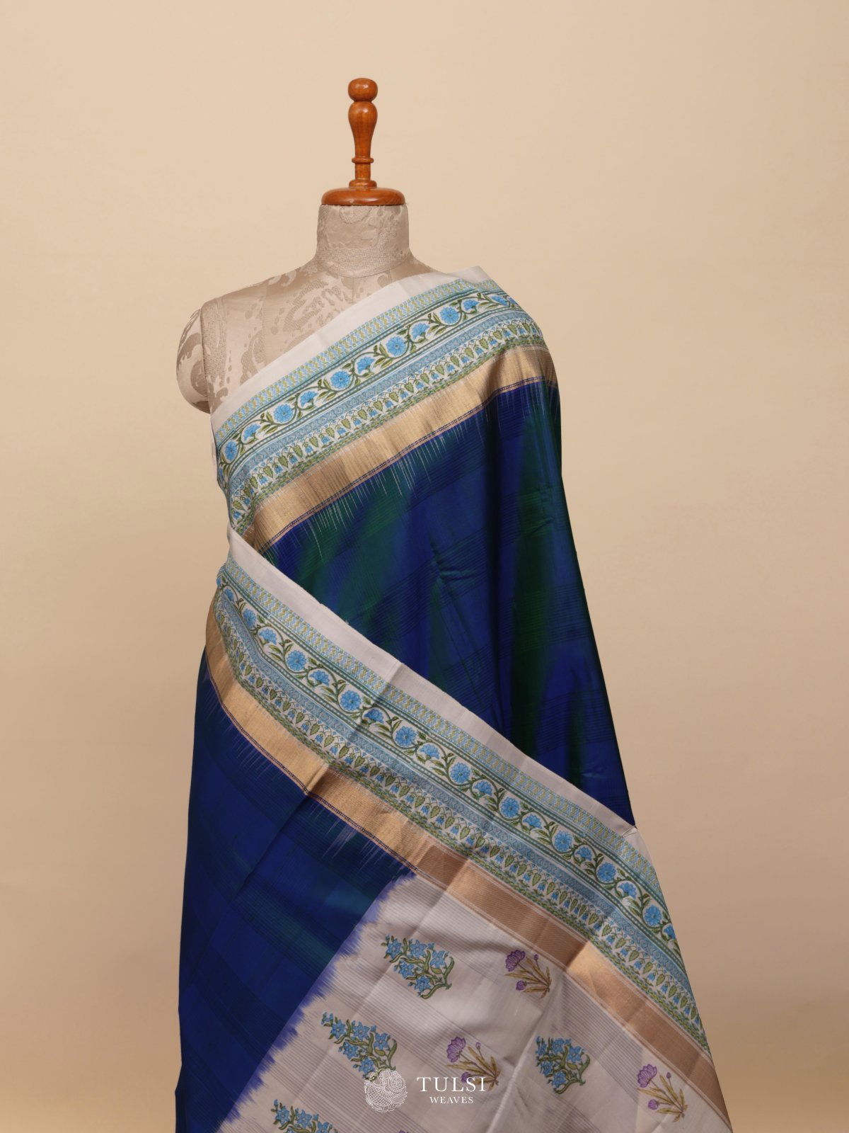 Peacock Blue Block Printed Soft Silk Saree