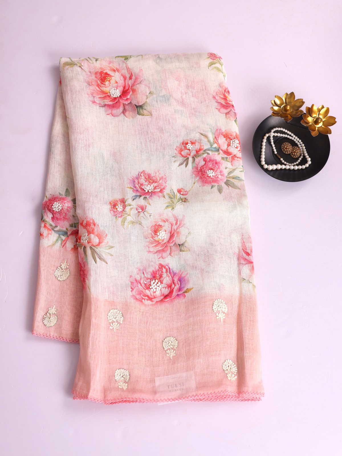 Off- White Printed Linen Saree With Peach Embroidered Border