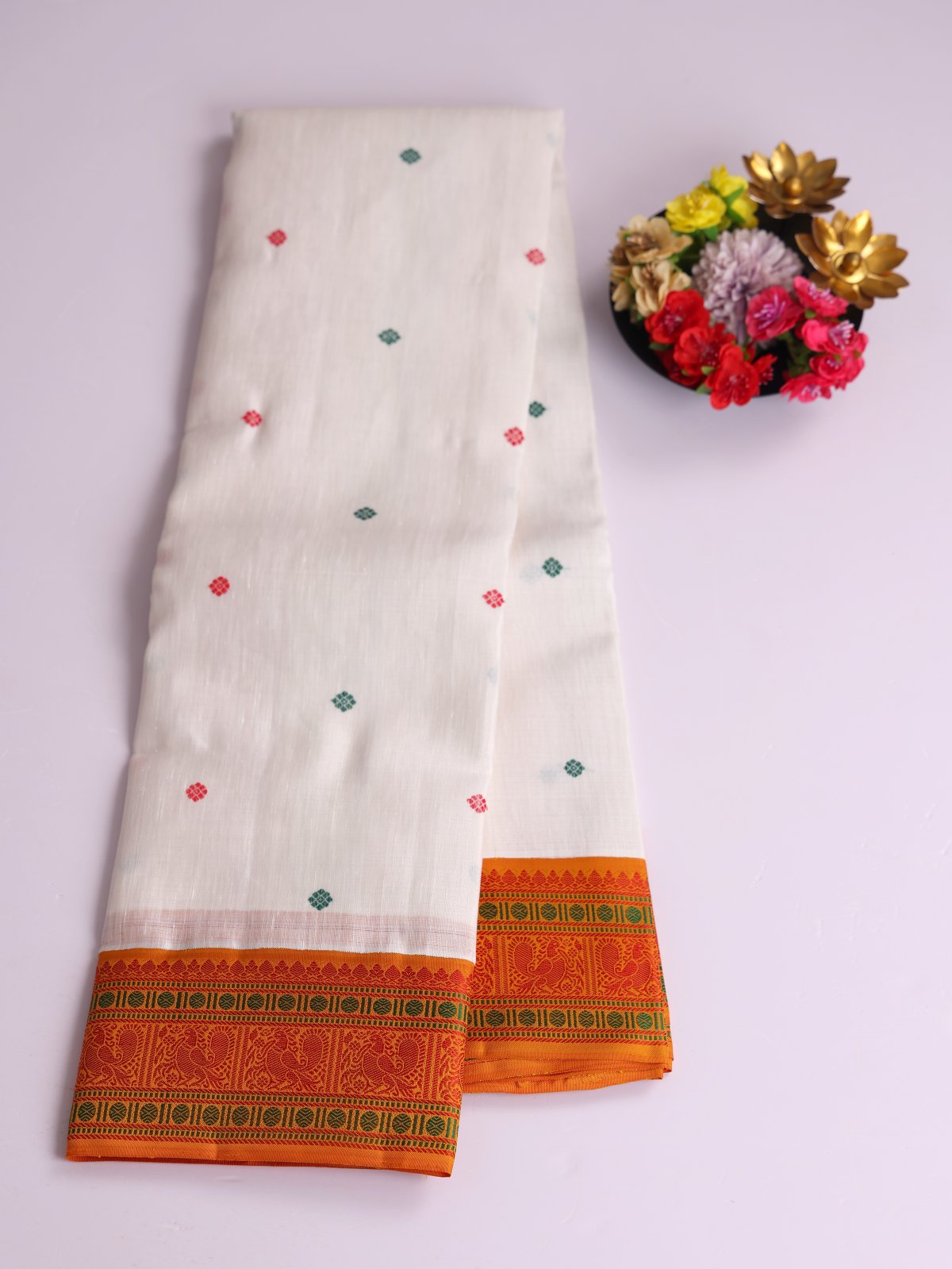 White Kanjeevaram Linen Saree With Rust Orange Border