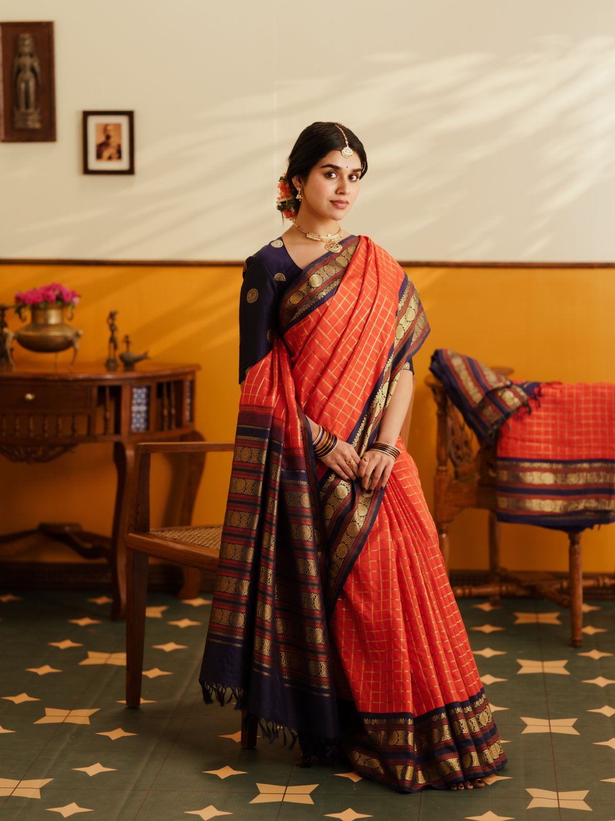 Reddish Orange Kanjeevaram Silk Saree With Dark Blue Border