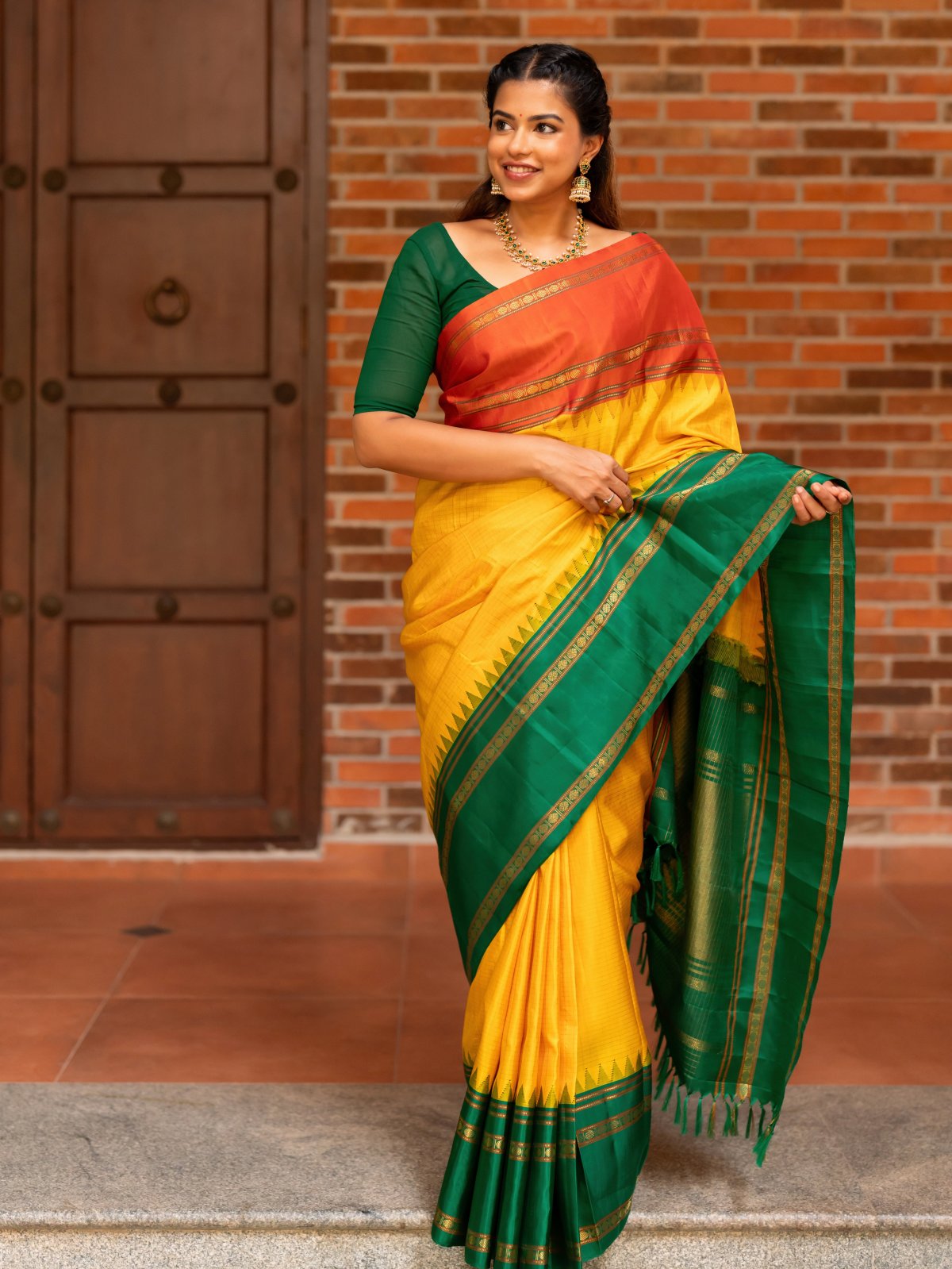 Yellow Kanjeevaram Silk Saree with Contrast Border 