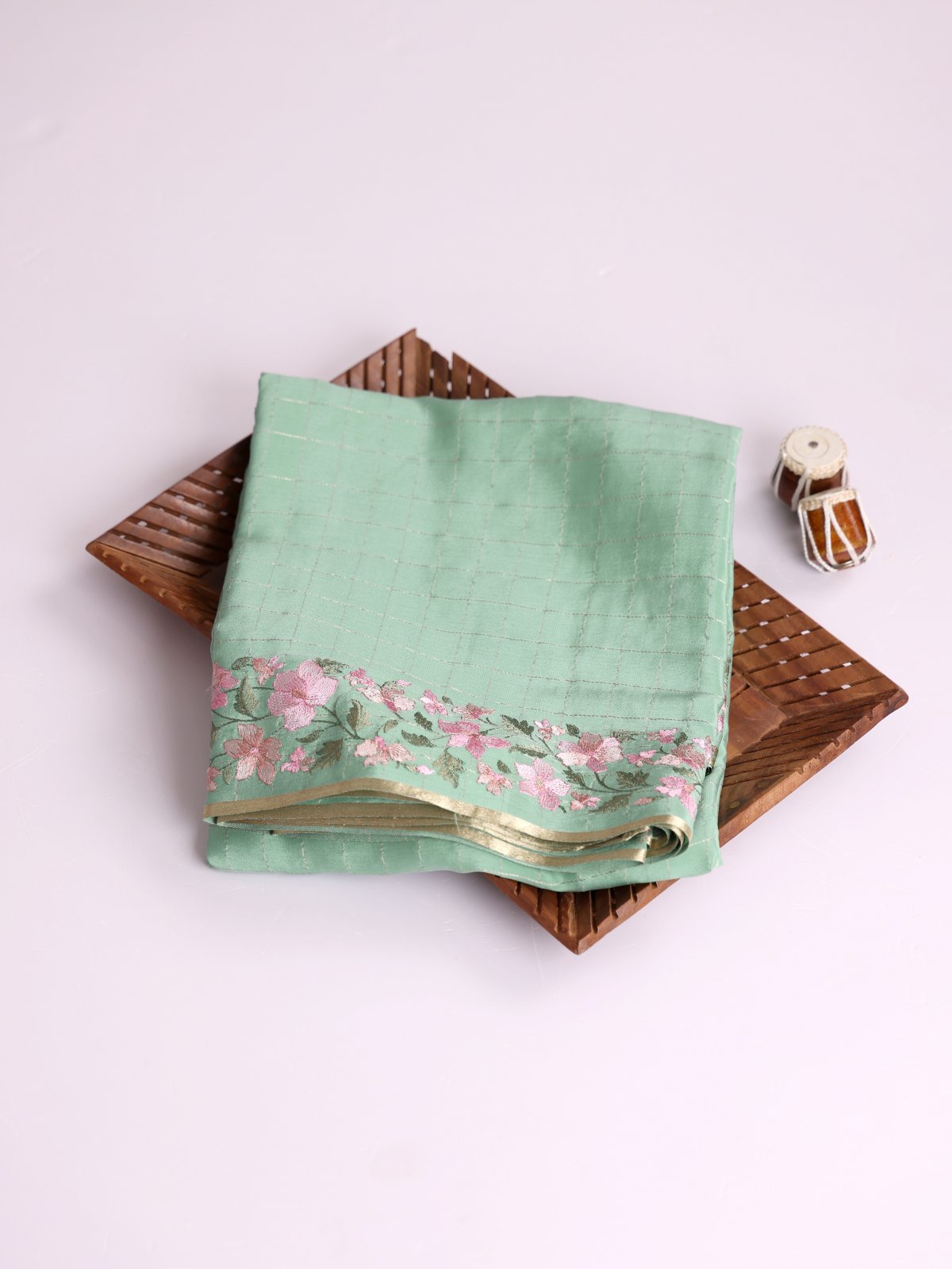 Light Bluish Green Zari Checked Mysore Crepe Silk Saree With Embroidered Border