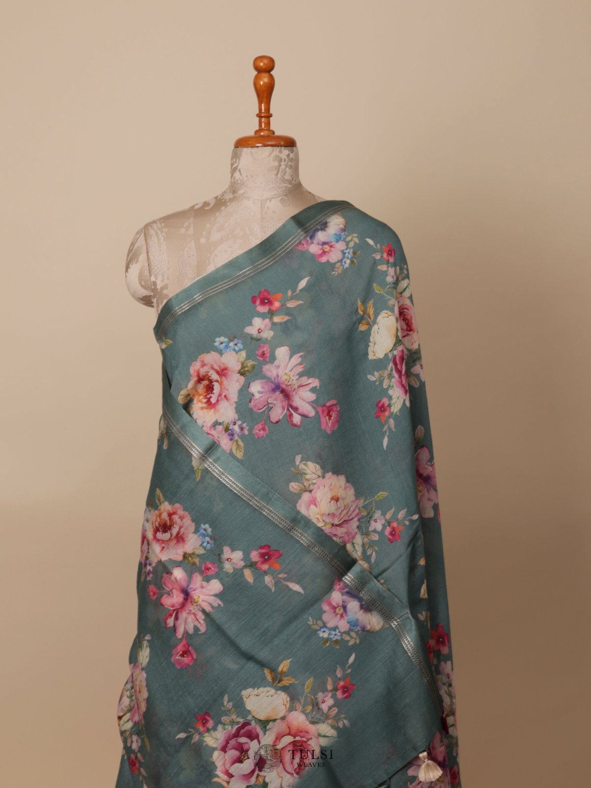 Teal Blue Printed Munga Tussar Silk Saree 