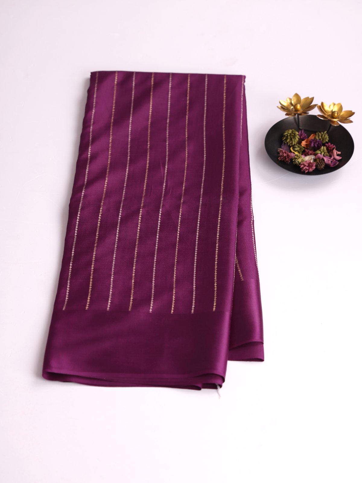 Purple Zari Striped Mysore Silk Saree With Satin Border