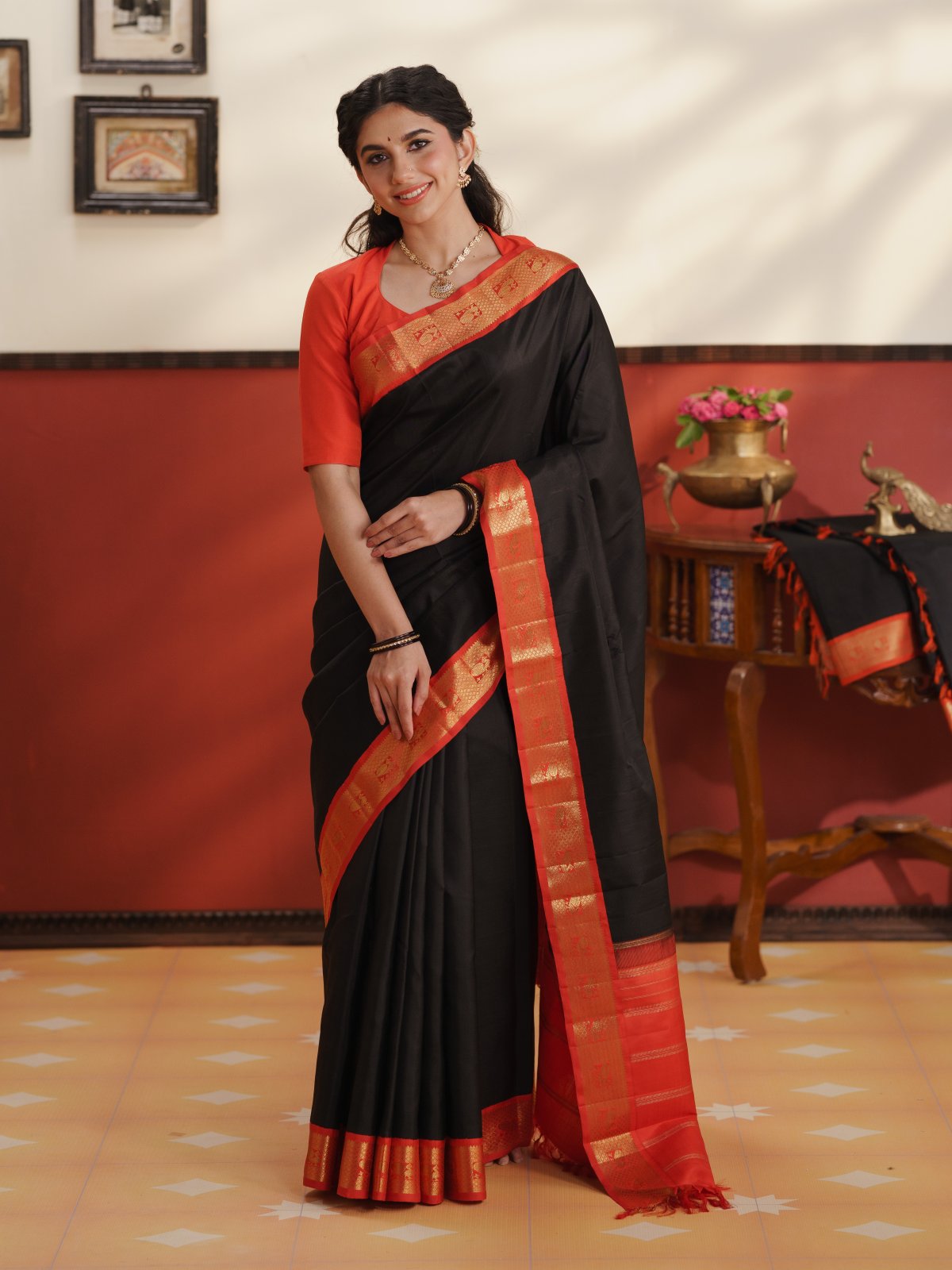 Vintage 19 - Black Kanjeevaram Silk Saree With Dark Orange Border