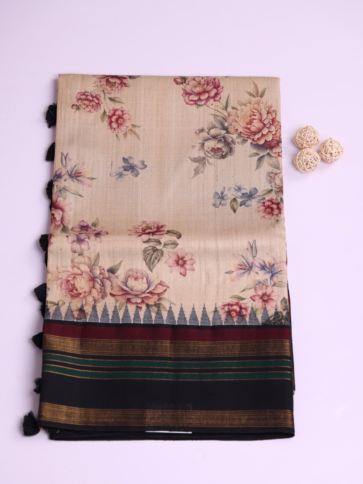 Beige Printed Tussar Silk Saree With Black Border