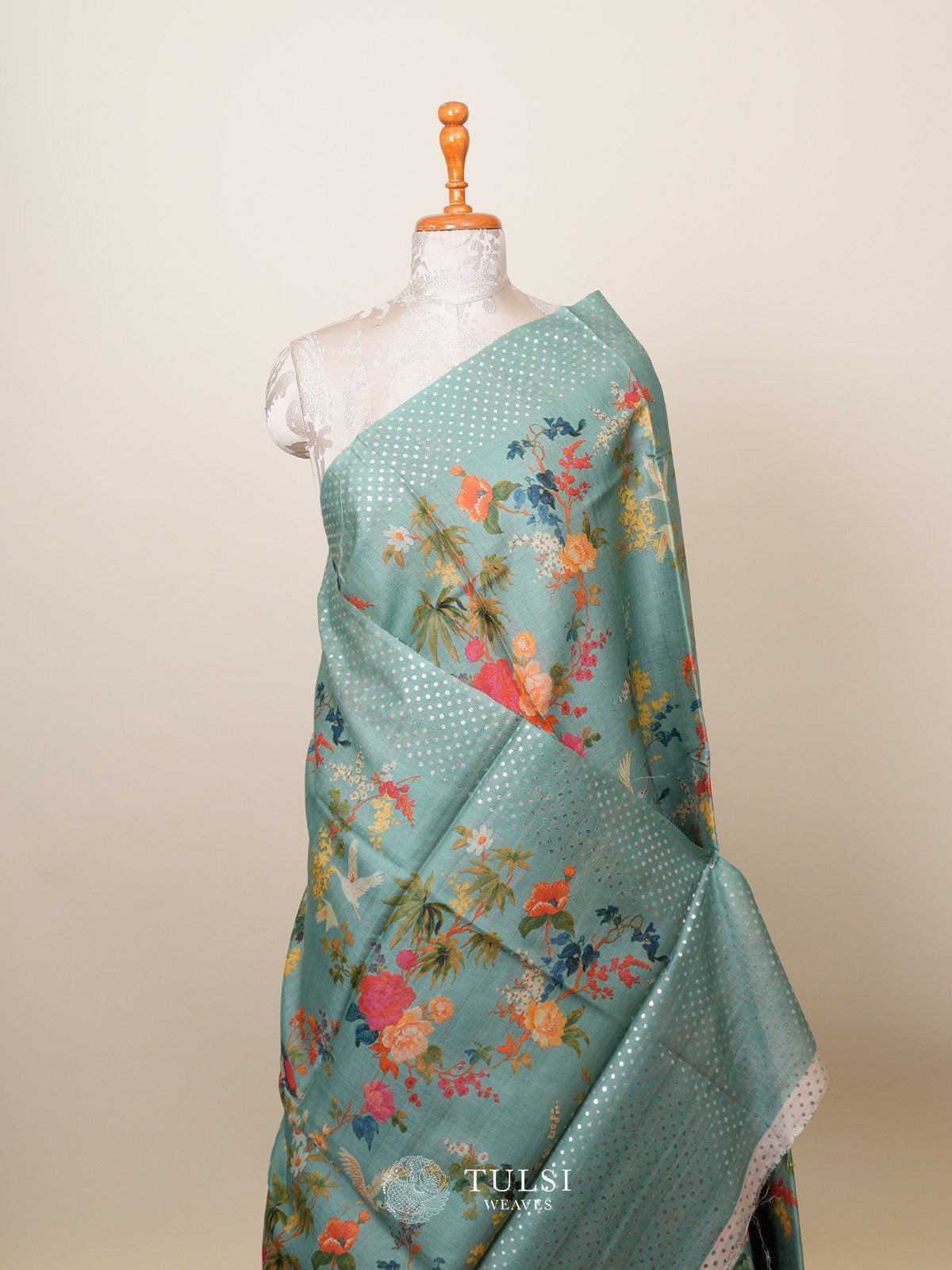 Teal Green Tussar Silk Saree