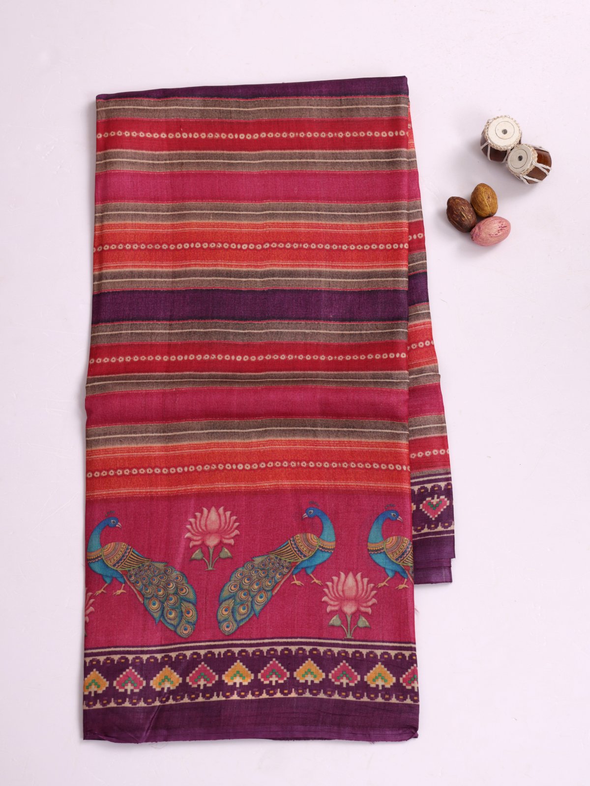 Multicolor Striped Printed Tussar Silk Saree With Pink Border