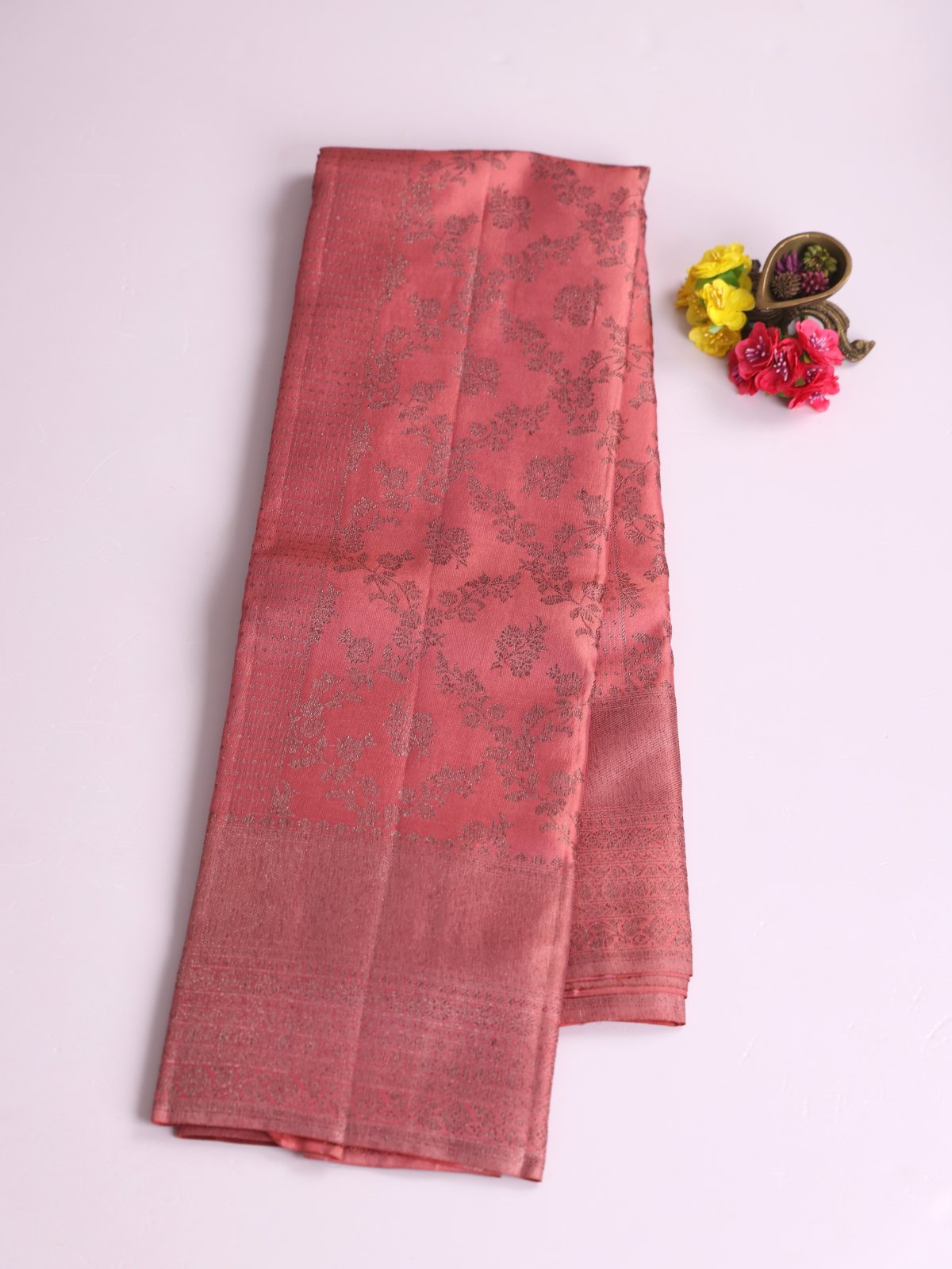 Peachy Pink Kanjeevaram Silk Saree With Antique Zari