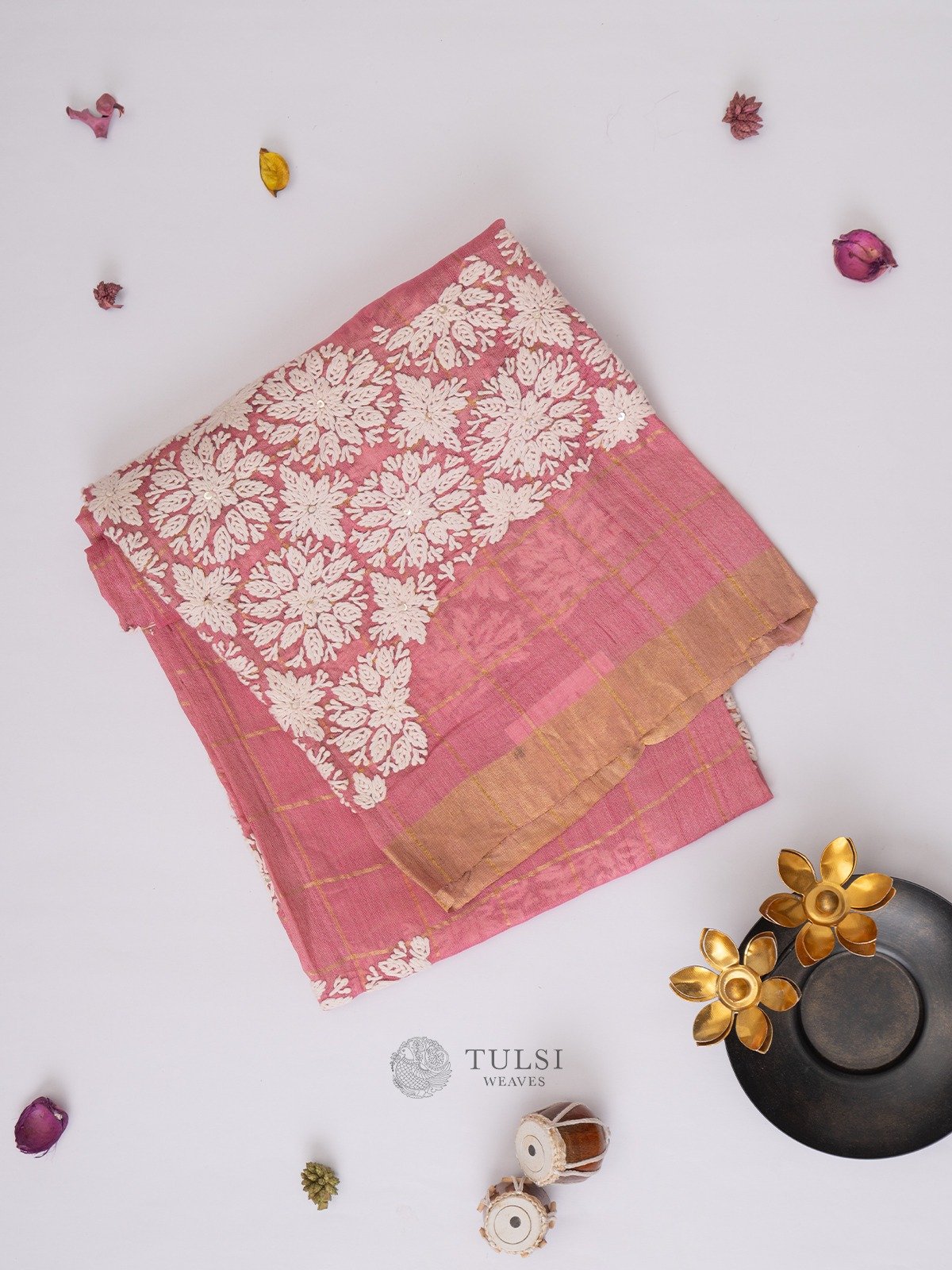 Dusty Pink Tussar Silk Embroidered Blouse with Zari Checks