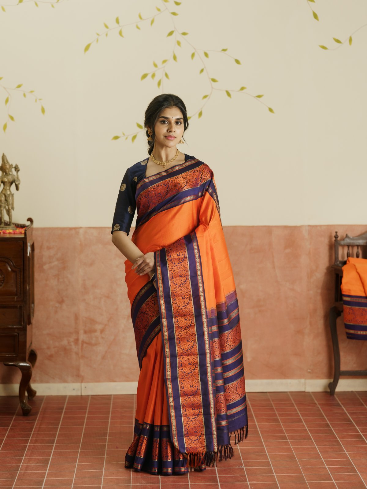 Vintage 81 - Orange Kanjeevaram Silk Saree With Navy Blue Border 