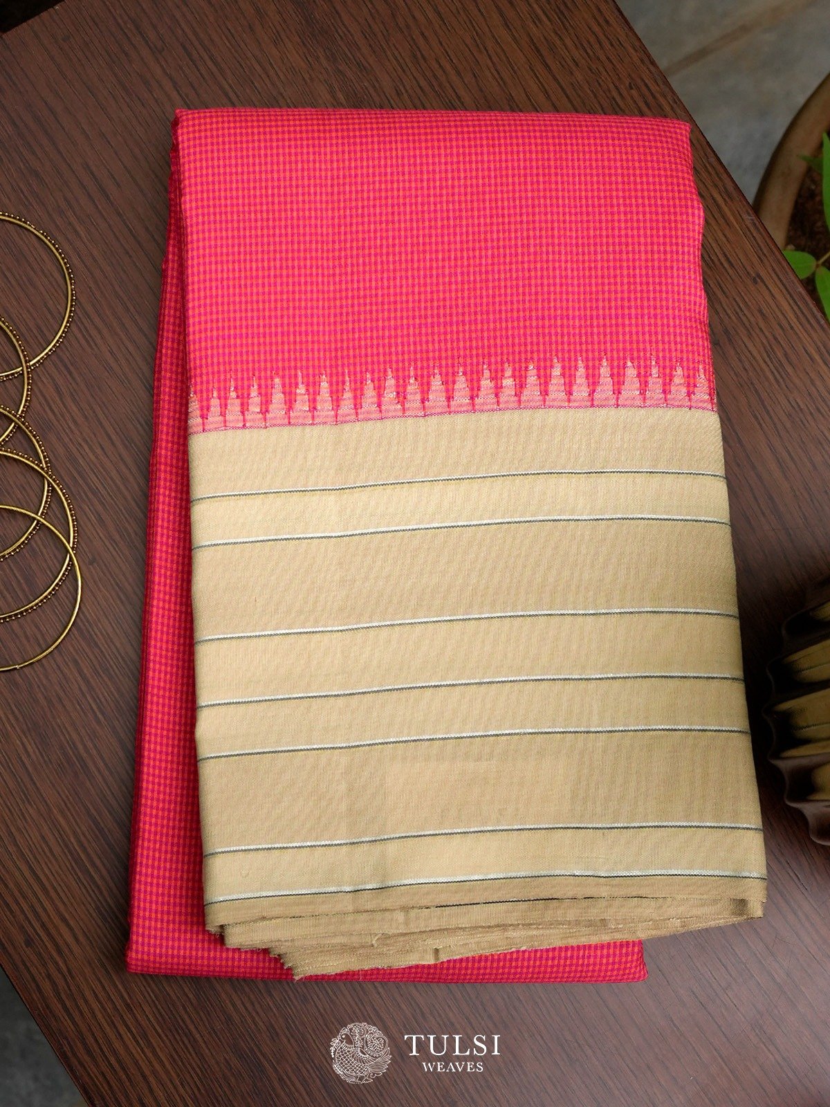 Orange & Pink Checked Kanjeevaram Silk Saree