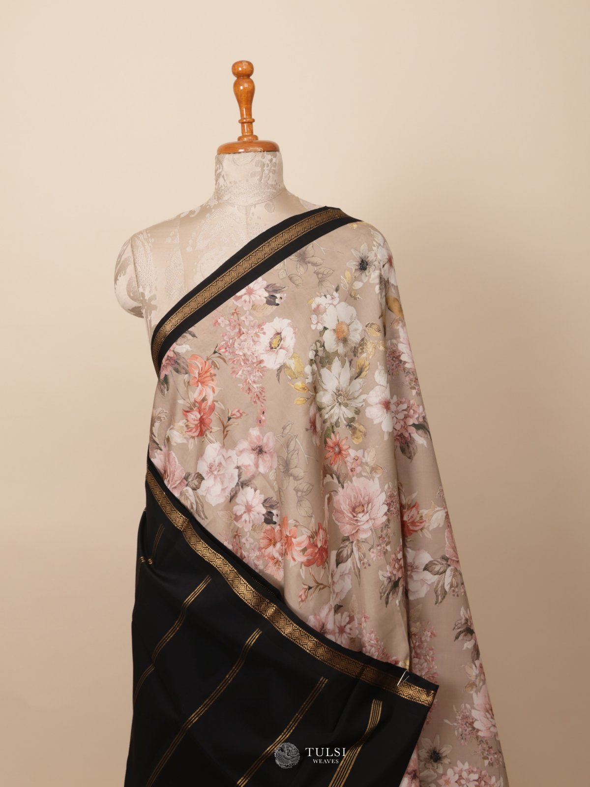 Light Beige Printed Kanjeevaram Silk Saree