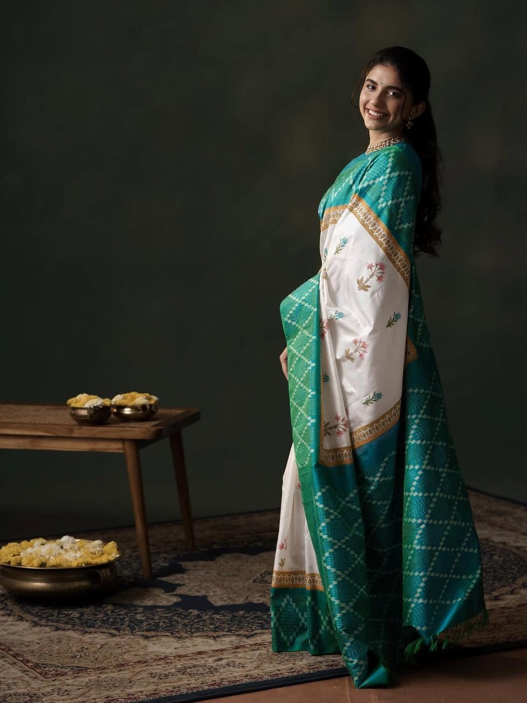 White Block Printed Kanjeevaram Silk Saree With Blue Ikat Border