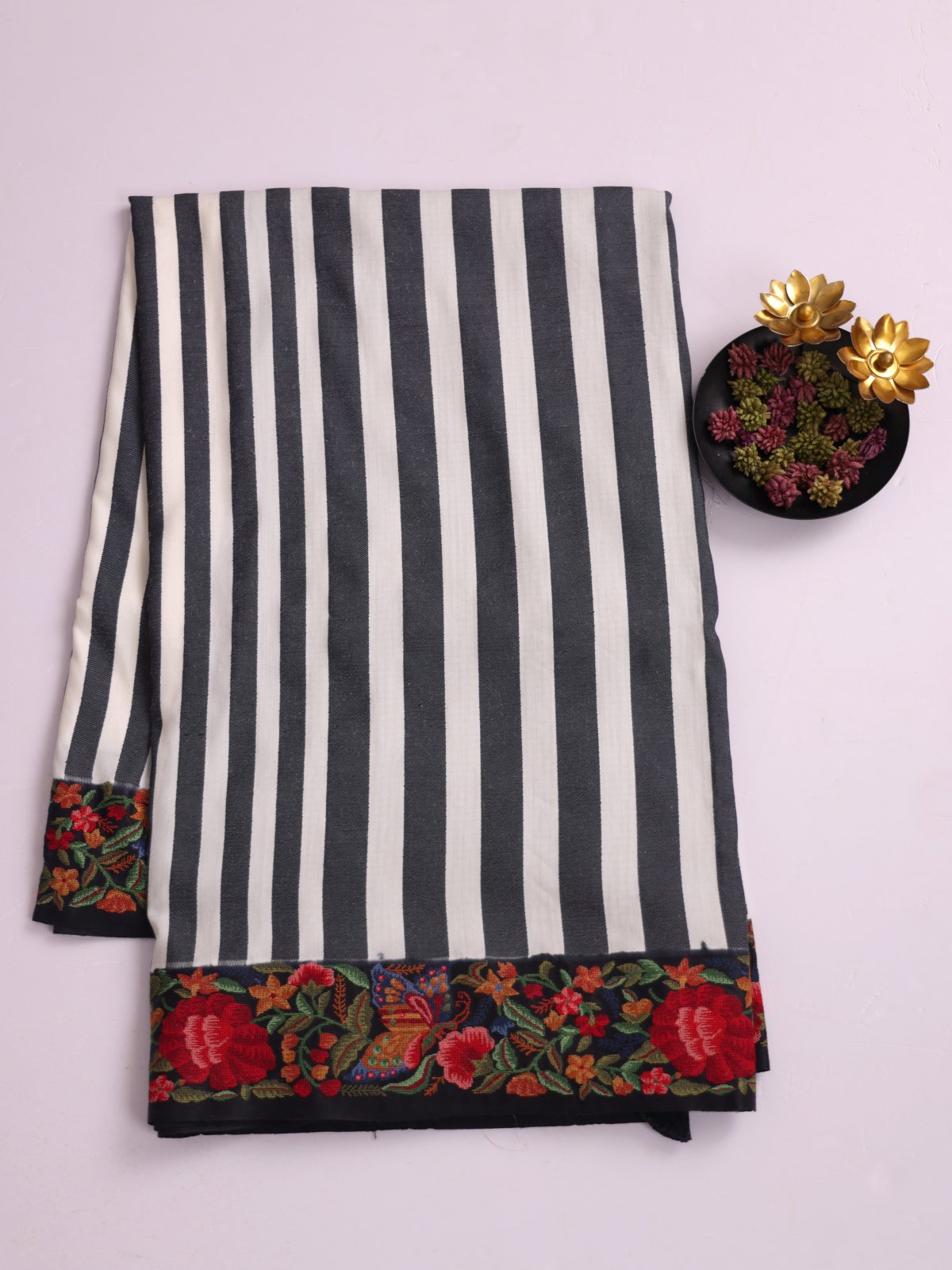 Black And White Striped Munga Silk Saree With Cross-Stitch Embroidery